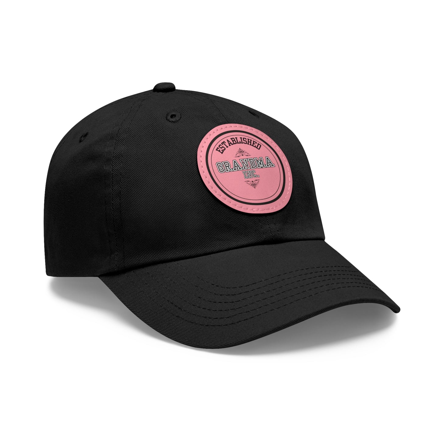 "GRANDMA INC." Black Twill Dad Hat with  PU Leather  Personalized Patch (Round)