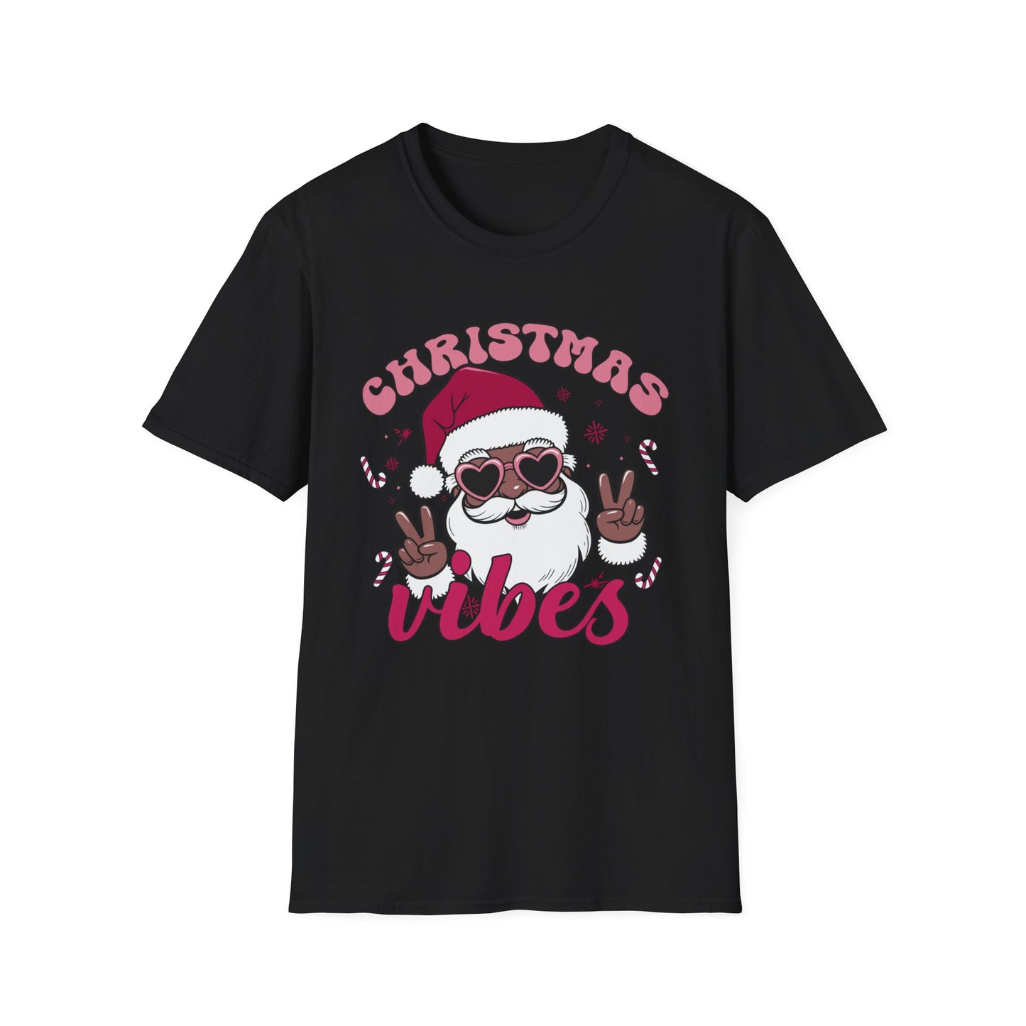 "Christmas Vibes" Unisex T-Shirt — Retro Santa Sporting Cool Sunglasses And A Peace Sign. What a Groovy Holiday Tee!