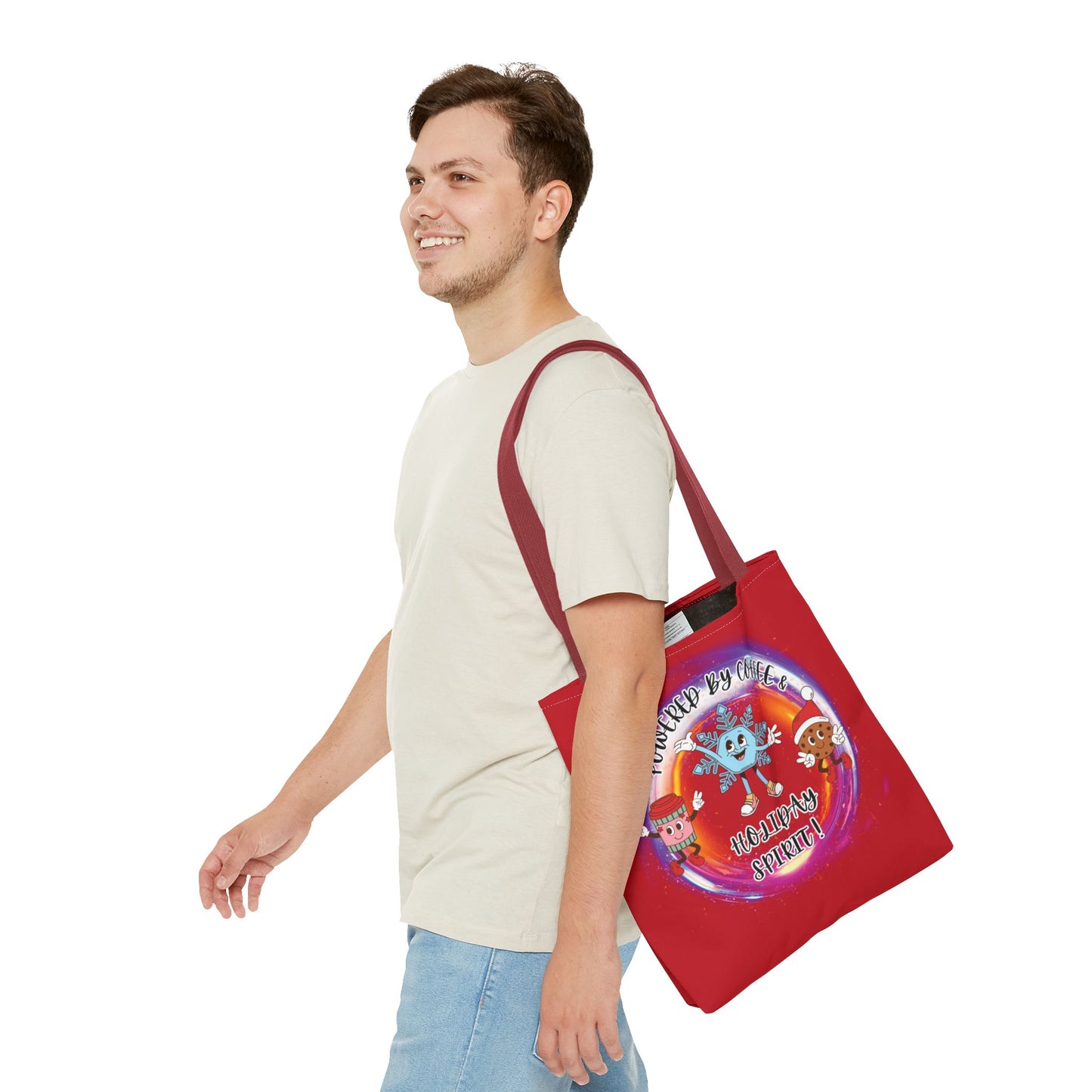 "Powered By Coffee And Holiday Spirit "  Red Tote Bag  with Colored Straps