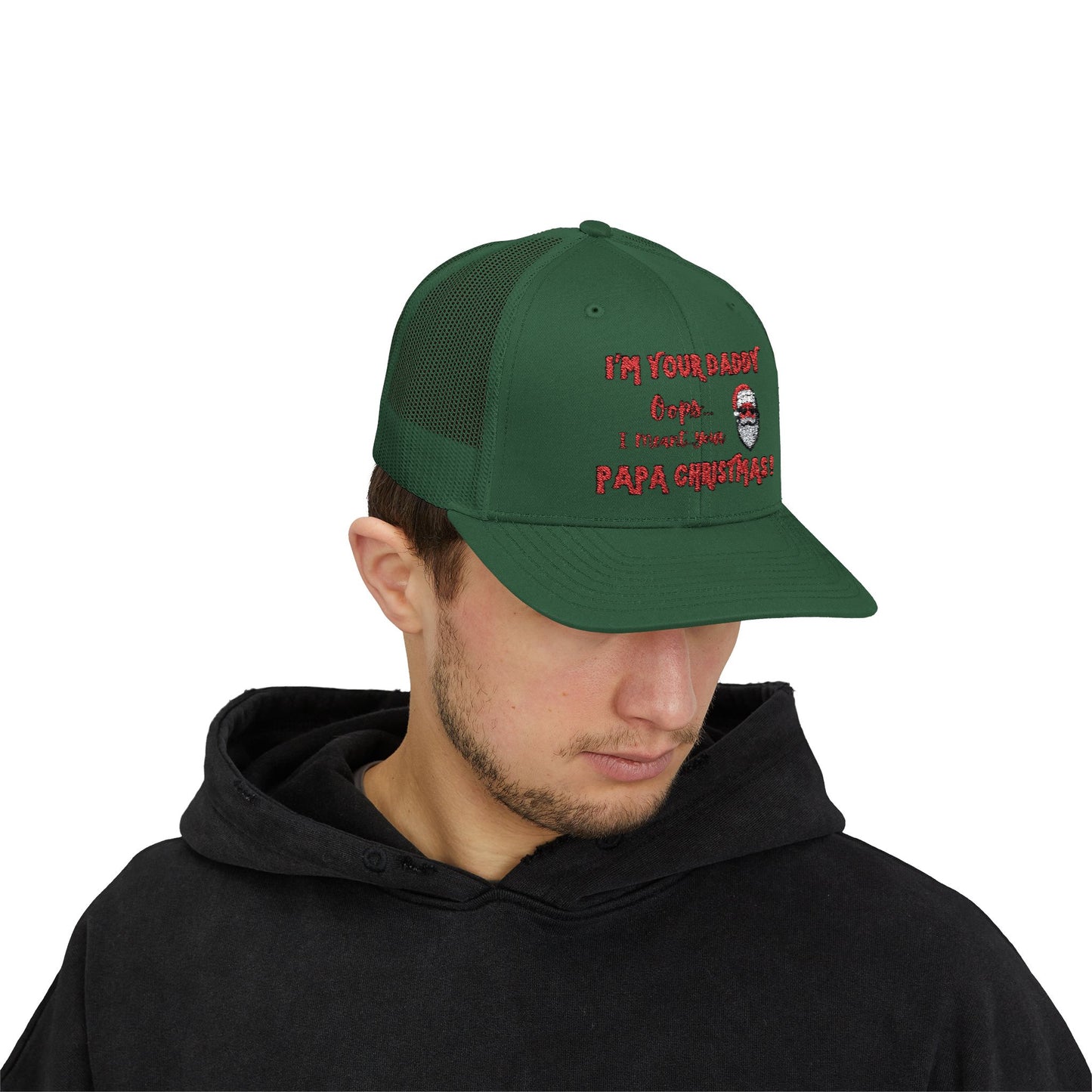 "I’m Your Daddy…Oops I Meant...PAPA CHRISTMAS!"  Embroidered, Holiday, Snap Back Trucker Cap -Brown Santa Design