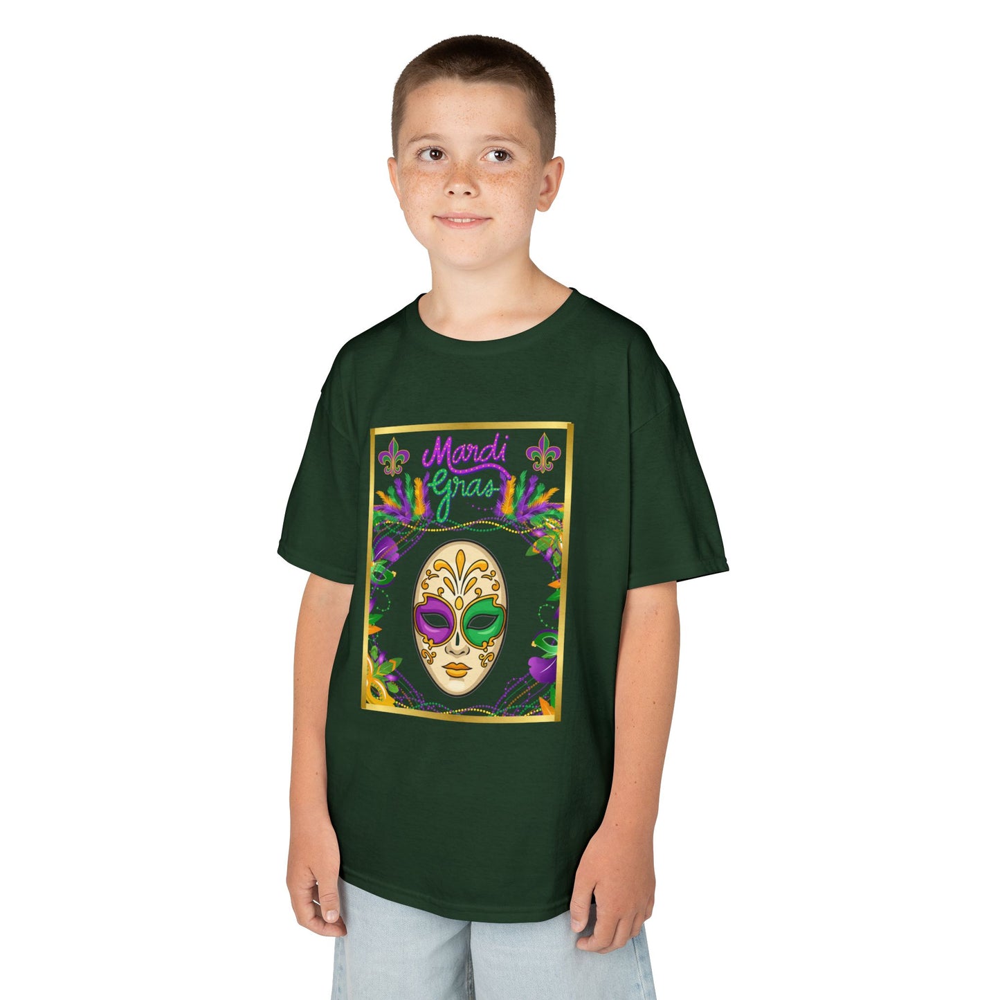 "Mardi  Gras Mask"  Youth Unisex  Boxy T-Shirt.  This Stylish & Colorful Tee Has All The Elements Needed For Carnival Cheer!