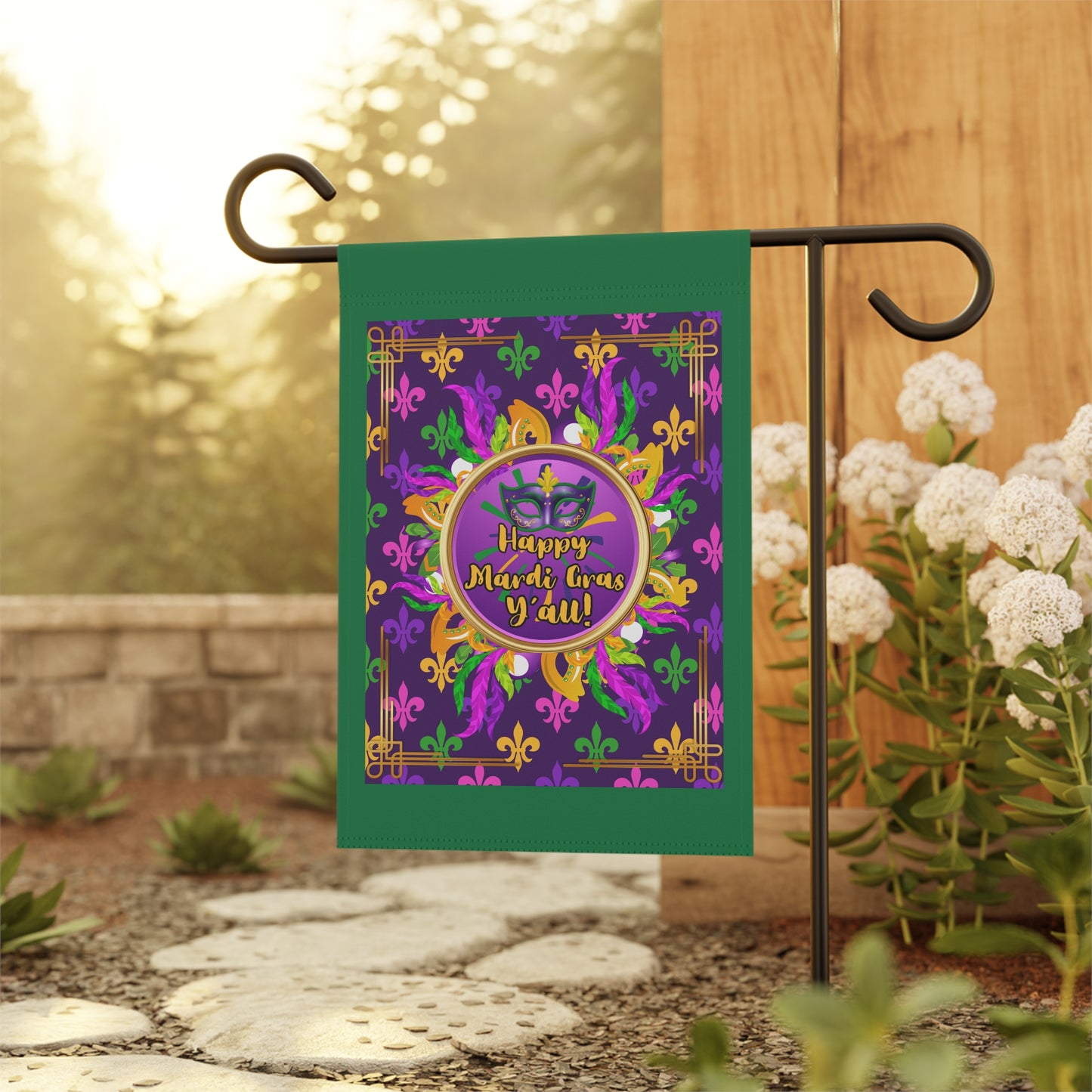 Mardi Gras Paisley Garden Banner — “Happy Mardi Gras Y’all!” Decorative House Flag-Dark Green