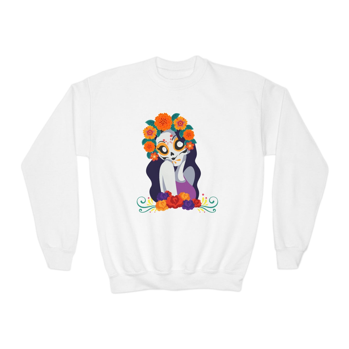 Whimsical Floral  "Katrina Skull" Youth Crewneck Sweatshirt. Perfect for Dia De Los Muertos or any occasion!