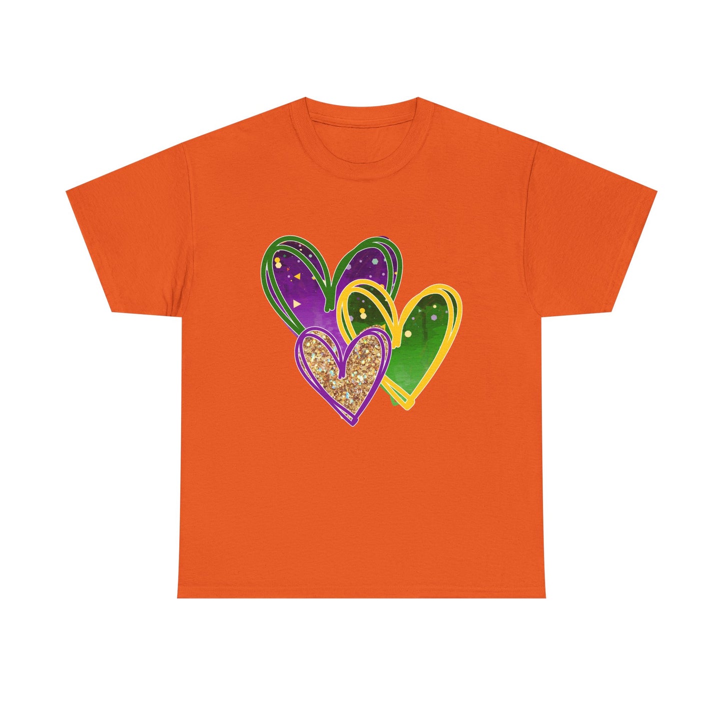 "Mardi Gras Hearts"  Unisex Adult Cotton Tee — Purple, Gold & Green Carnival Shirt.  It's Time To Party!