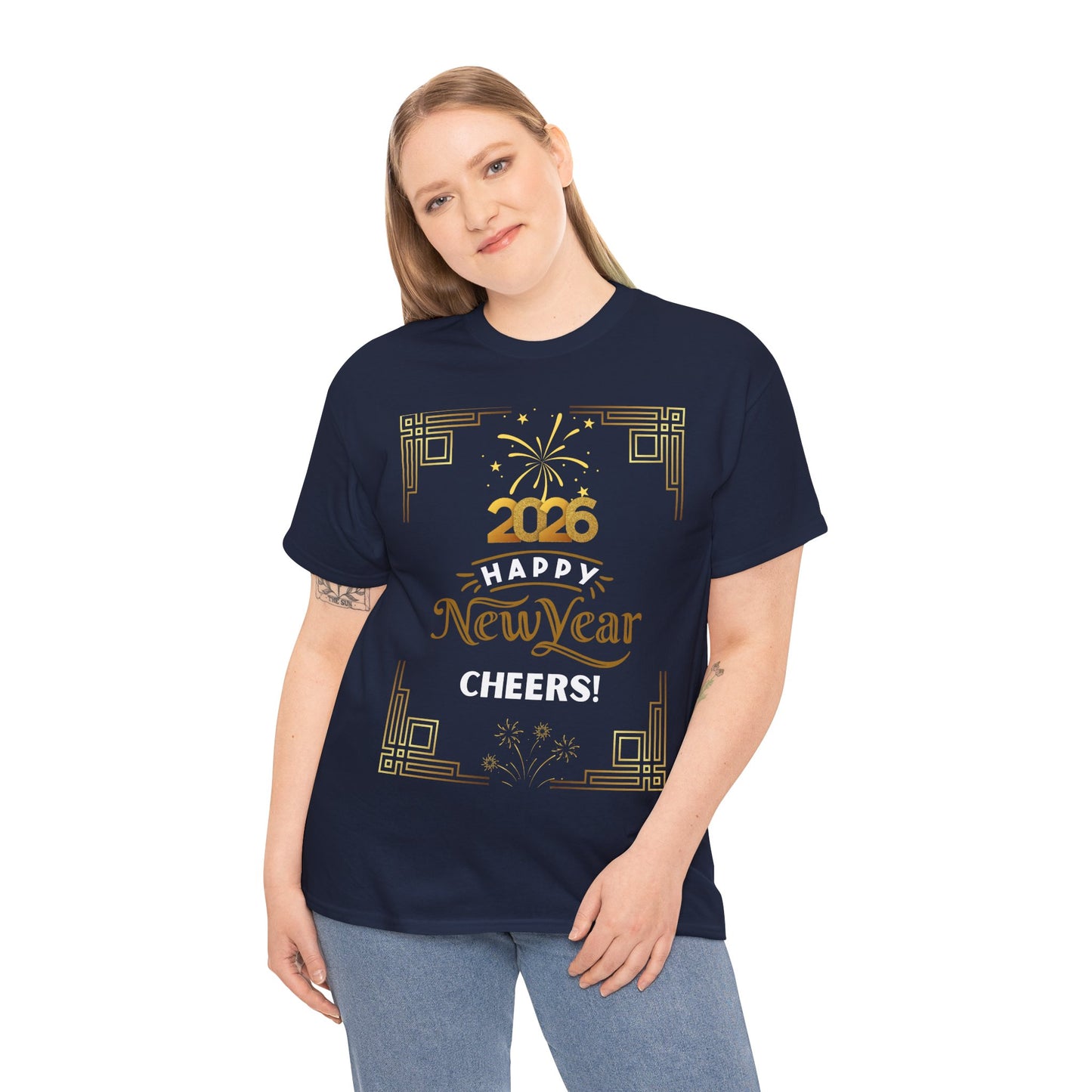 "Happy New Year -Cheers!" 2026  Unisex Midweight T-Shirt- 100 % Cotton — Festive "Art Deco Style" New Years Tee Great for Casual Celebrations or Parties While Ringing In the New Year!