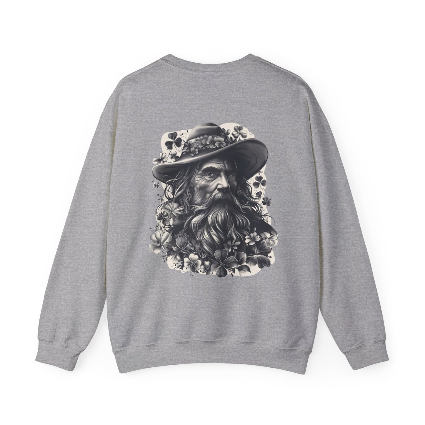 "Irish Blessing(Front)-Shamrock Wiseman(Back)", Unisex Crewneck Sweatshirt— Irish Luck Quote & Rustic Irish Wiseman Surrounded By Clover