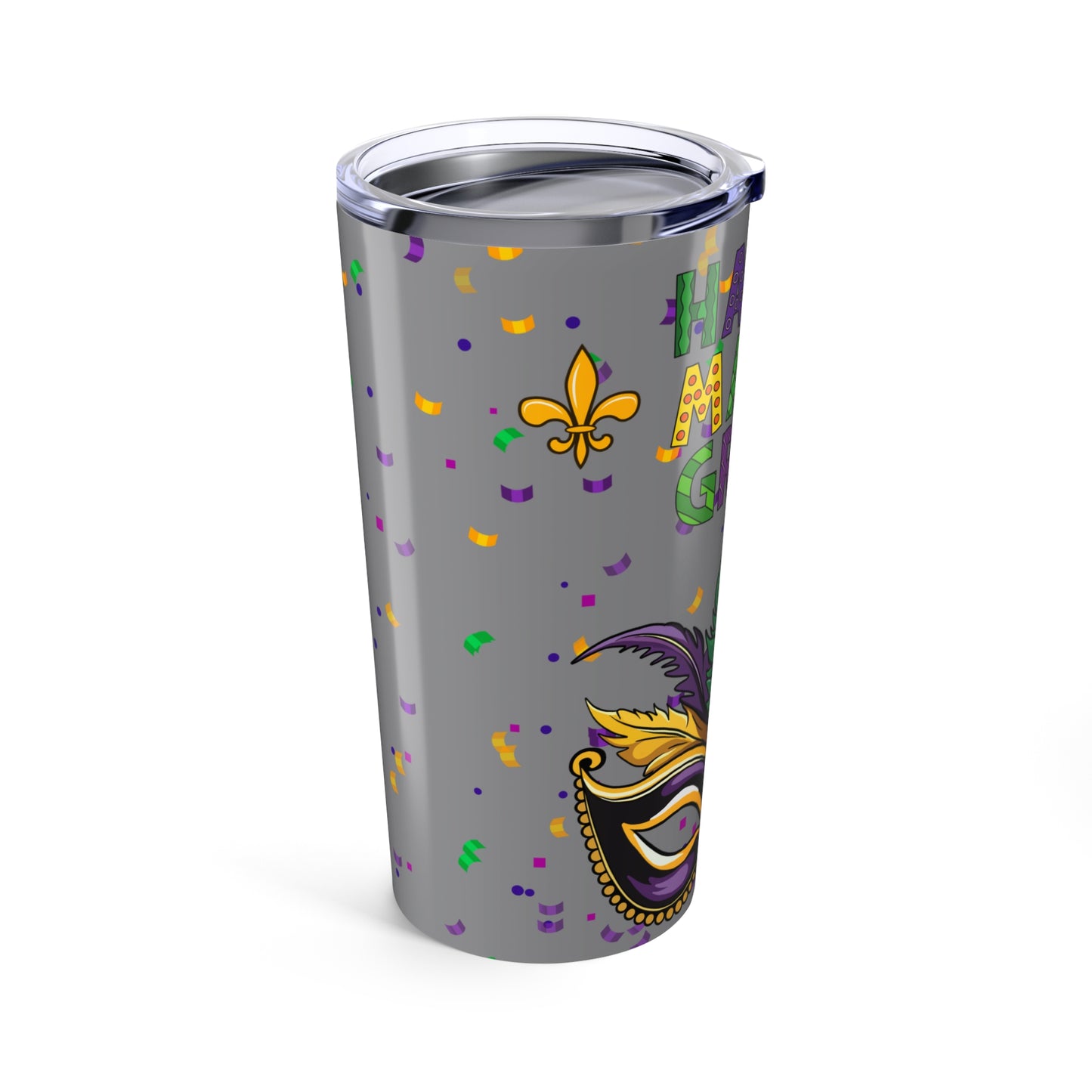 Mardi Gras 20oz Tumbler — "Happy Mardi Gras" Mask & Confetti Insulated Cup-Gray