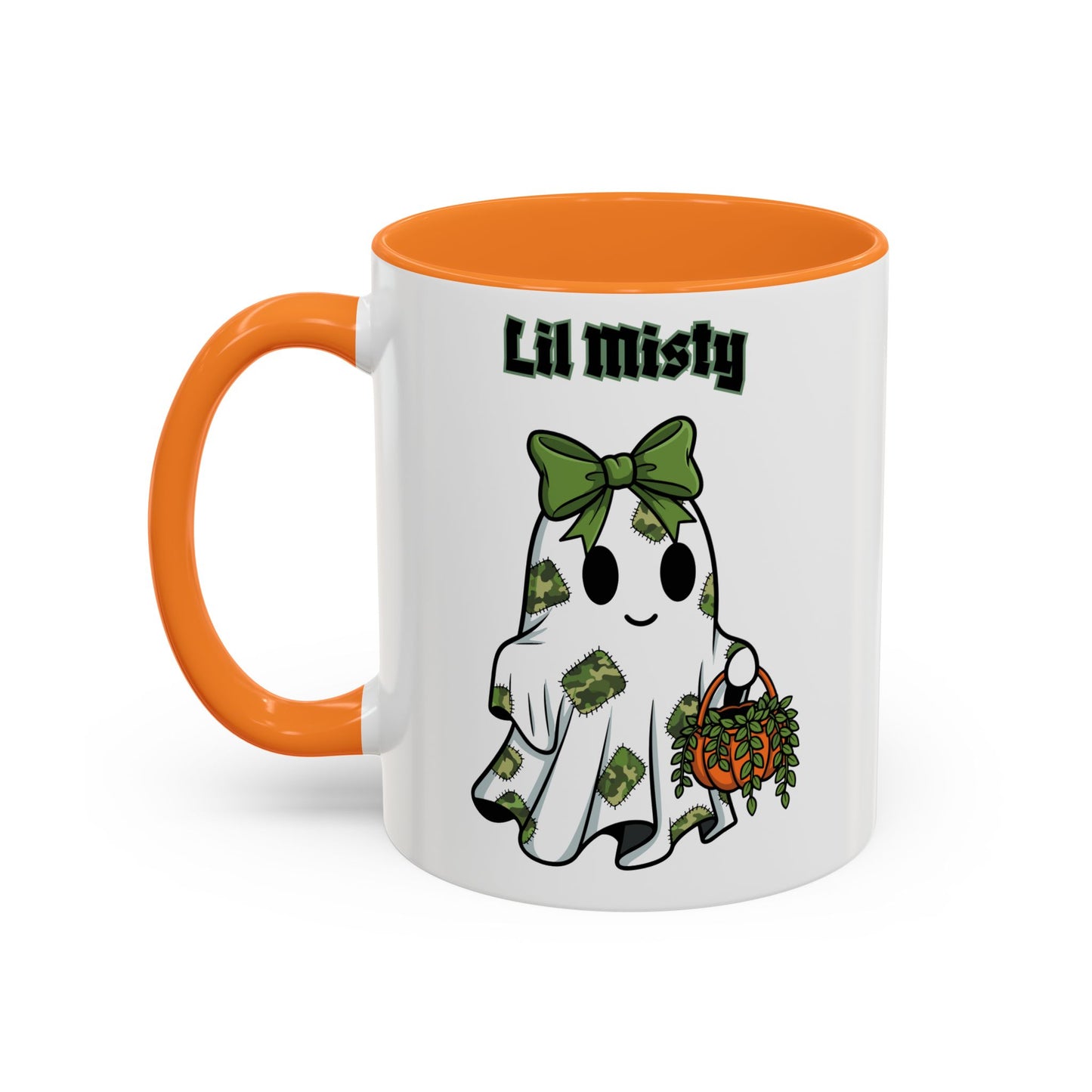 "Lil Misty Ghost" White Ceramic Mug  (11oz and 15oz) With Colorful Accents.  A Cute Halloween Mug for All Ages!