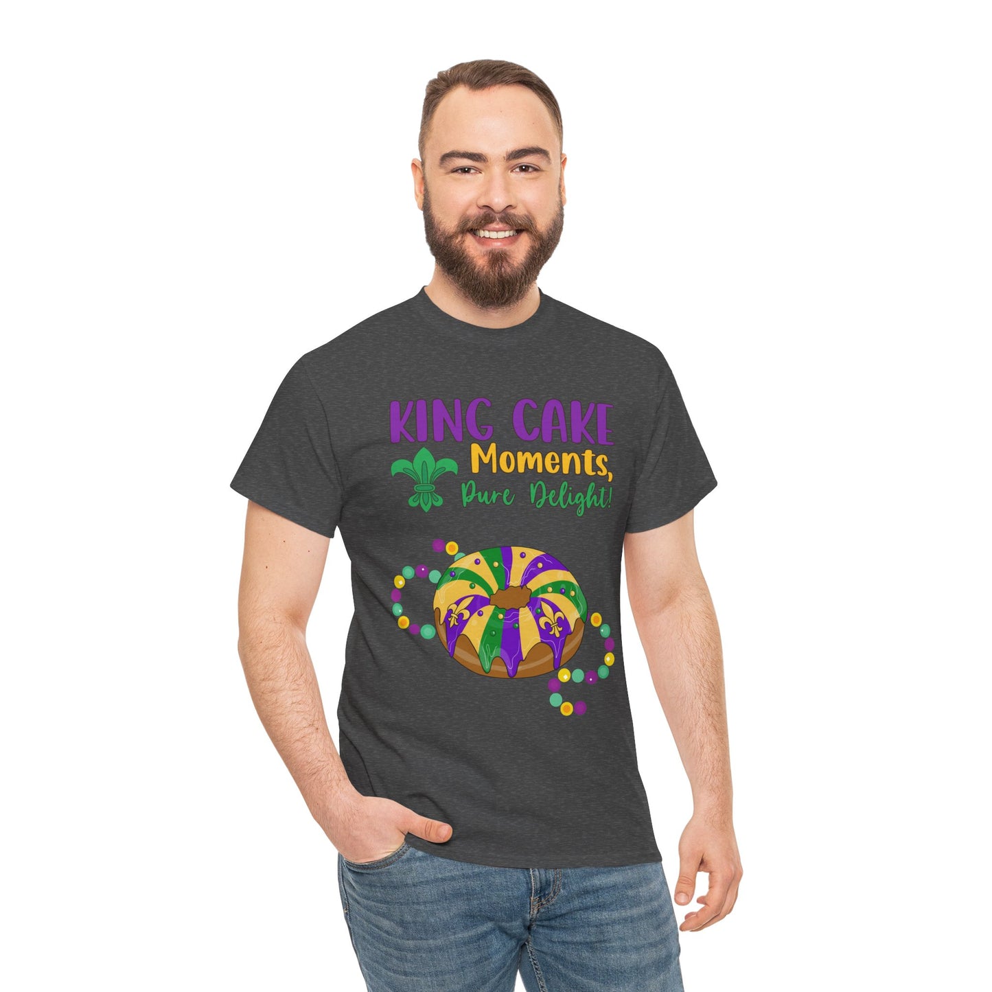 "King Cake Moments" Unisex Heavy Cotton  Adult Tee.   Wear This Tee To Tell Everyone "A Mardi Gras King Cake Moment Is A Pure Delight!"