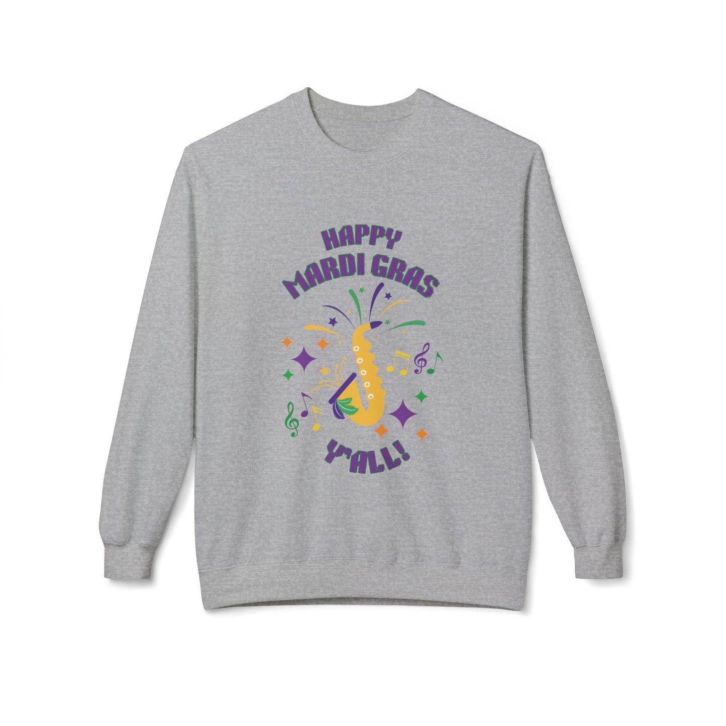 "Happy Mardi Gras Y'all"  Midweight Crewneck Sweatshirt.  Let This Colorful Unisex Sweatshirt Help You Revel In Style!
