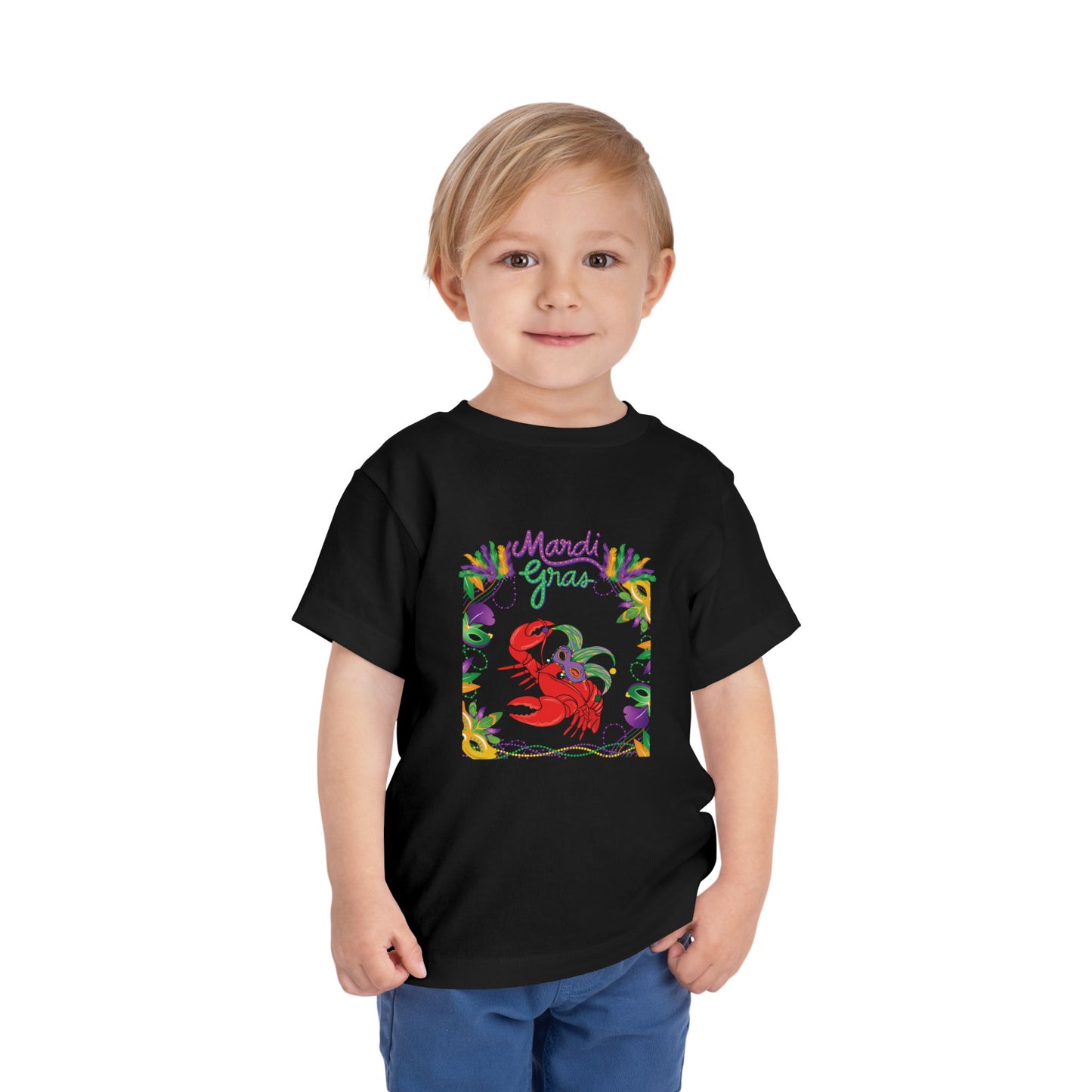 "Mardi Gras Crawfish" Toddler Short Sleeve Tee — Festive Masked Crawfish in Purple, Green & Gold!