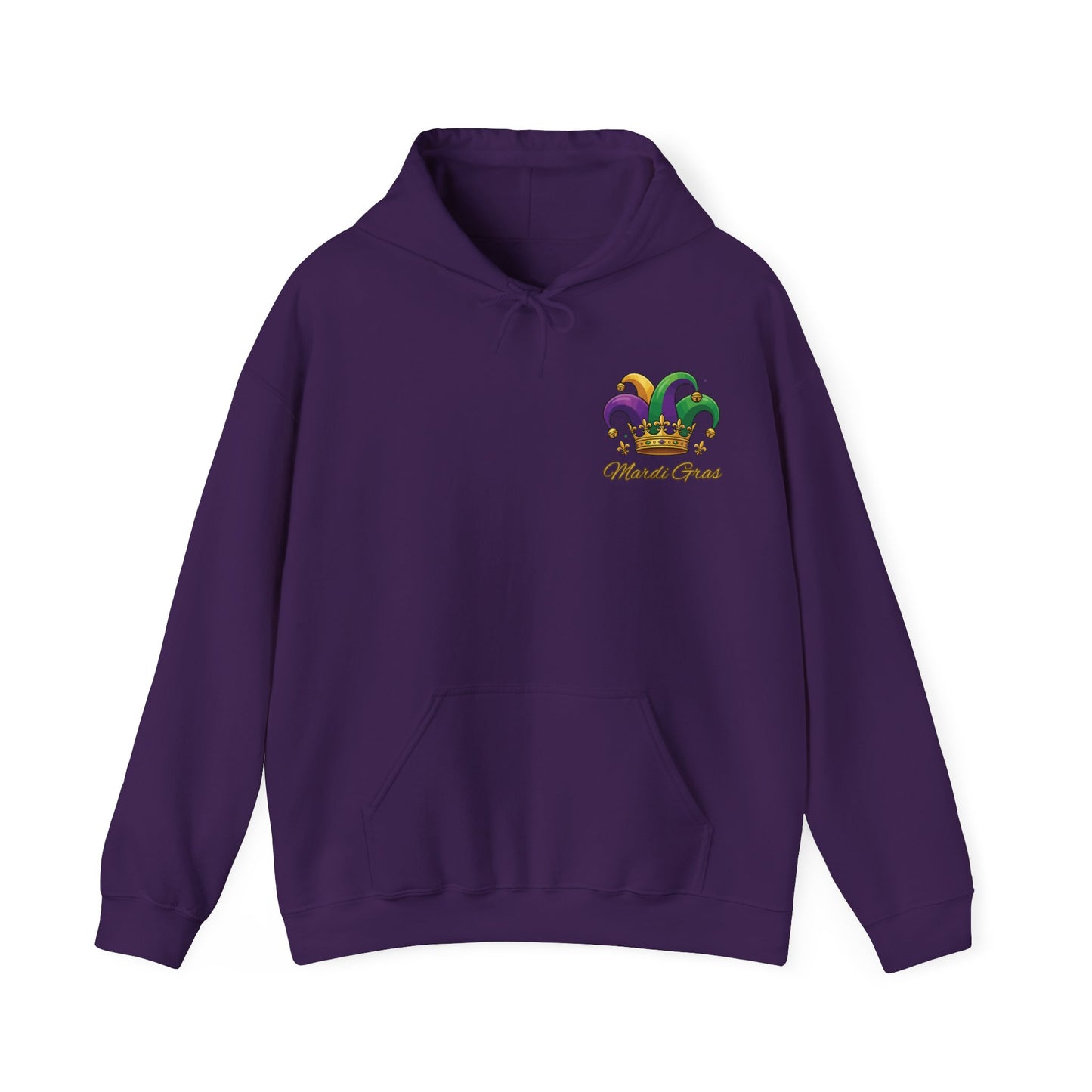 "Mardi Gras Jester Crown" Unisex Pullover Hoodie.  Festive Colorful Front Chest & Bold Back Designs Make This THE Hoodie Of Carnival Season!