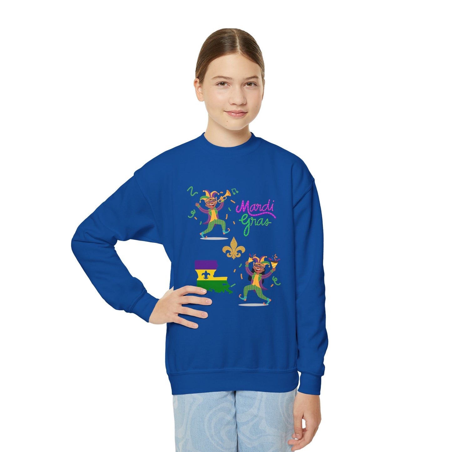 "Mardi Gras Kids" Youth Crewneck Sweatshirt — Colorful Beads, Jester Costumes & The State Of Louisiana all in Classic Mardi Gras Colors - Ready For The Parades!