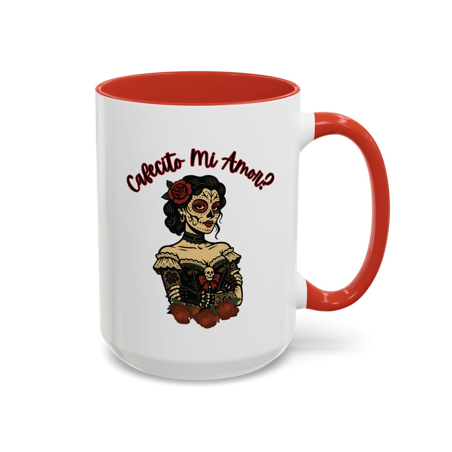 "Cafecito Mi Amor?" Sugar Skull Style , Colorful Accent, 11oz and 15oz Coffee Mug.  A great Day of the Dead  or Halloween Gift!