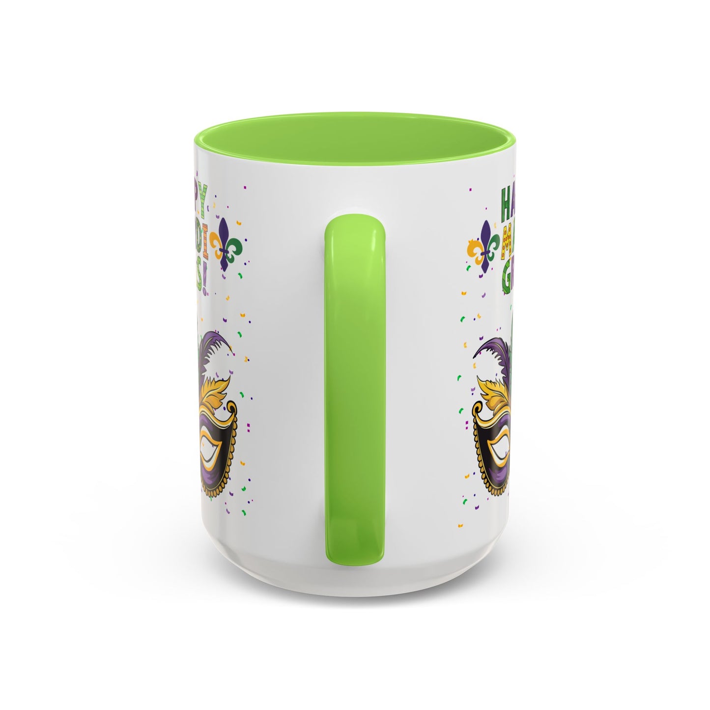 "Happy Mardi Gras" Mugs — Colorful 11oz/15oz Carnival Mask-Fleur De Lis Design White Ceramic Mugs