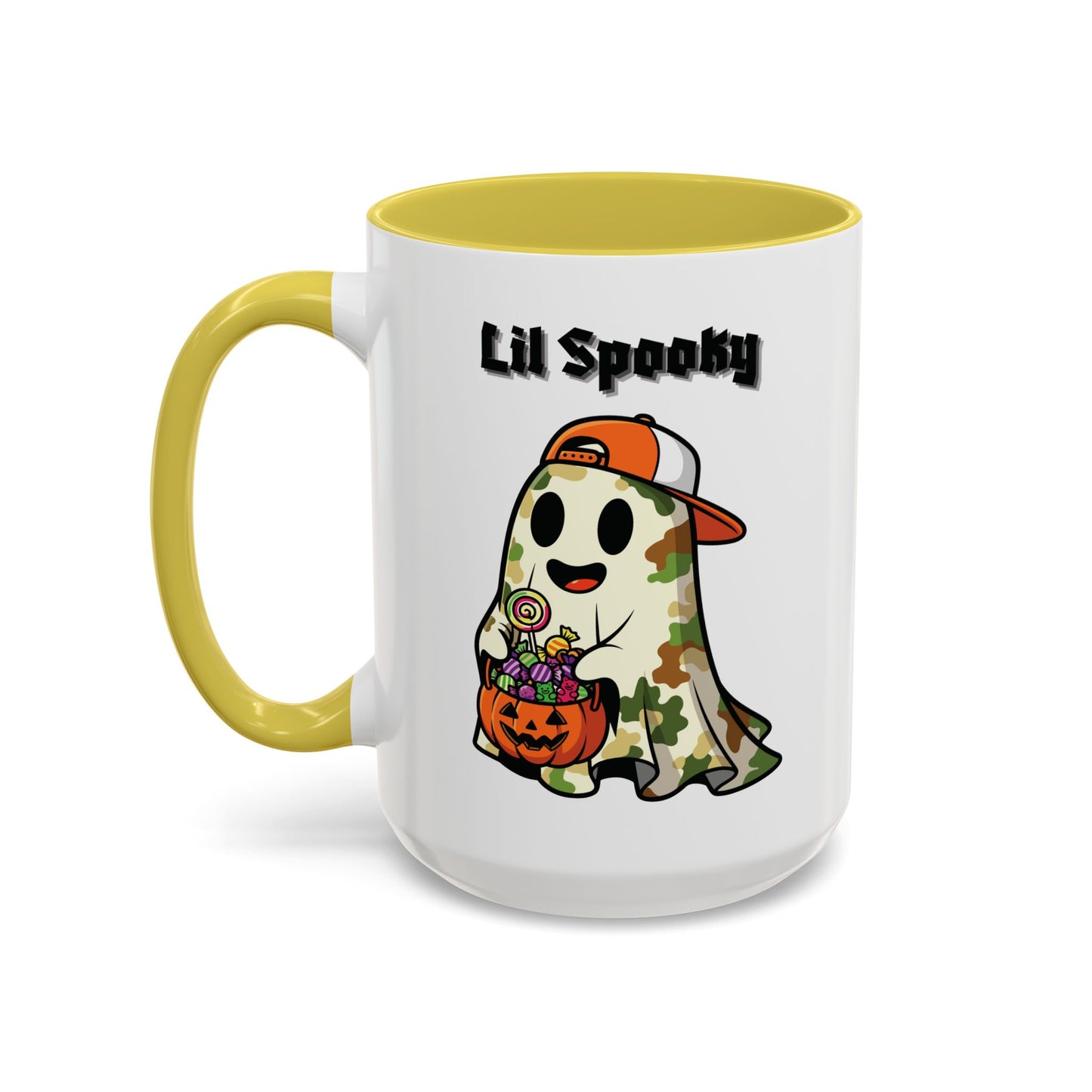 "Lil Spooky"  White Ceramic Halloween Mug With Colorful Accents — Cute Ghost Trick-or-Treat Ceramic Mug (11oz/15oz)