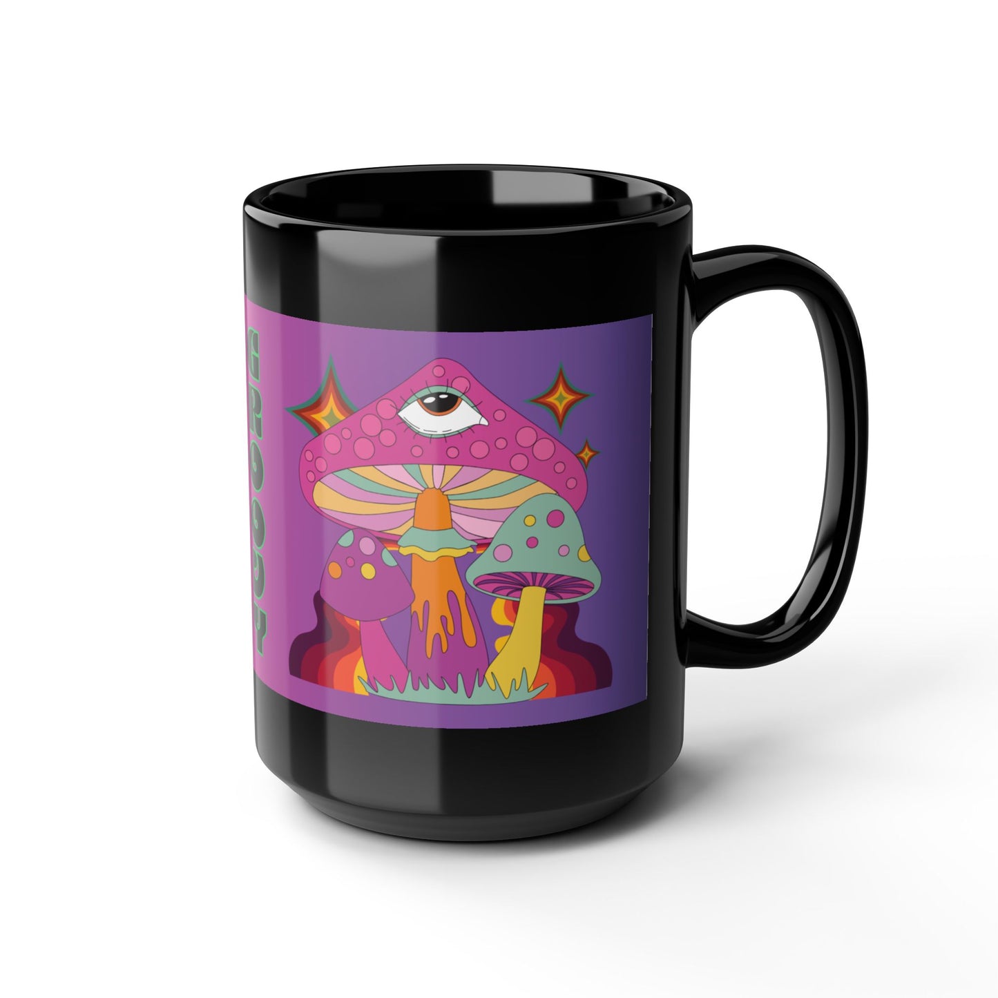 "Groovy Ombre Mushroom" Mug,  Black Ceramic Coffee Mugs In 15oz & 11oz