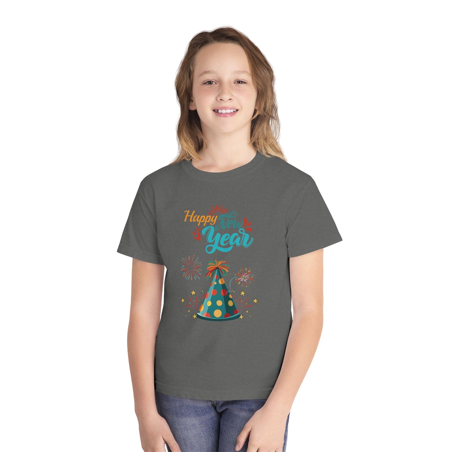 "Happy New Year -Party Hat and Fireworks" Kids/Youth T-Shirt .  A Fun, Colorful Tee For The Kids To Wear When Celebrating The New Year!