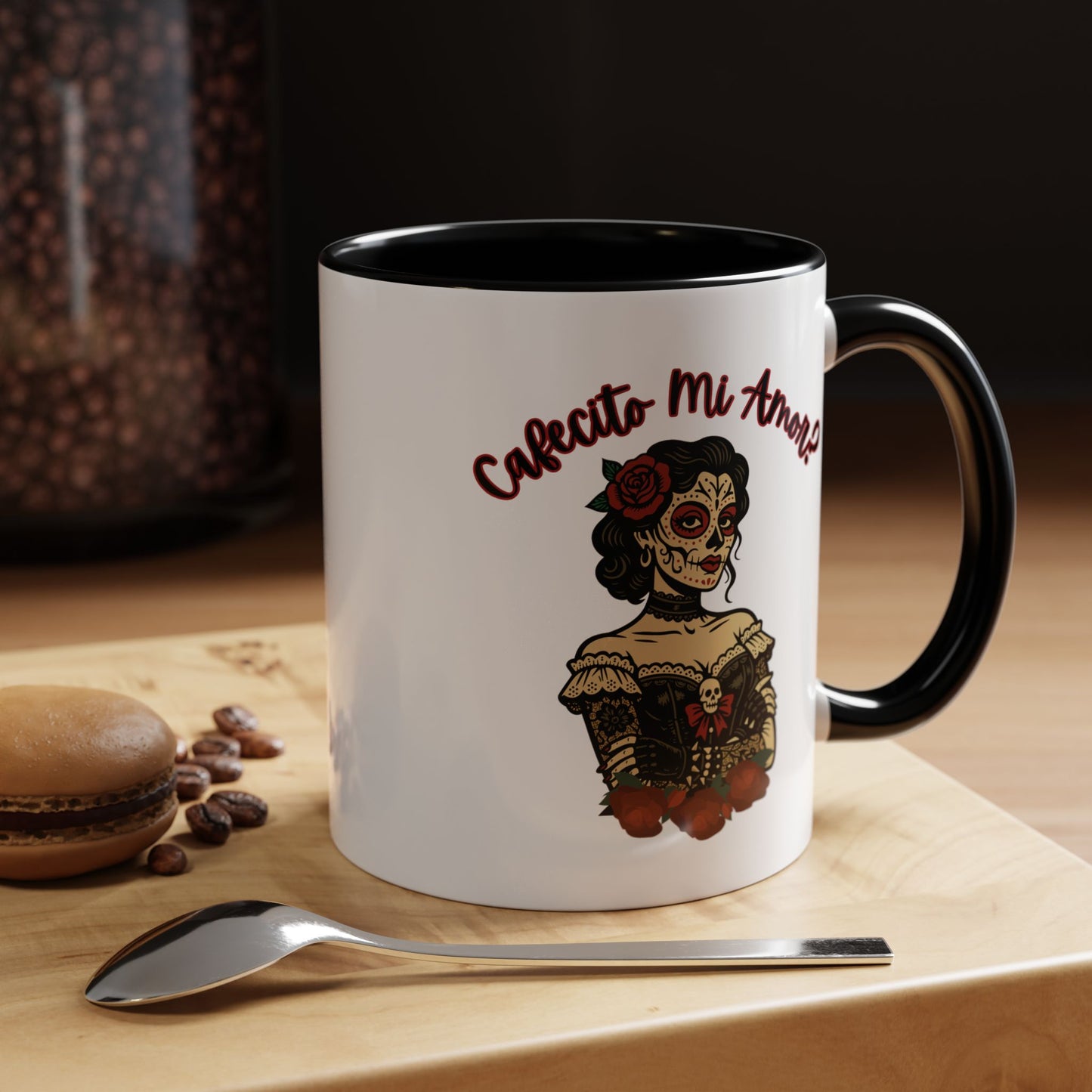 "Cafecito Mi Amor?" Sugar Skull Style , Colorful Accent, 11oz and 15oz Coffee Mug.  A great Day of the Dead  or Halloween Gift!