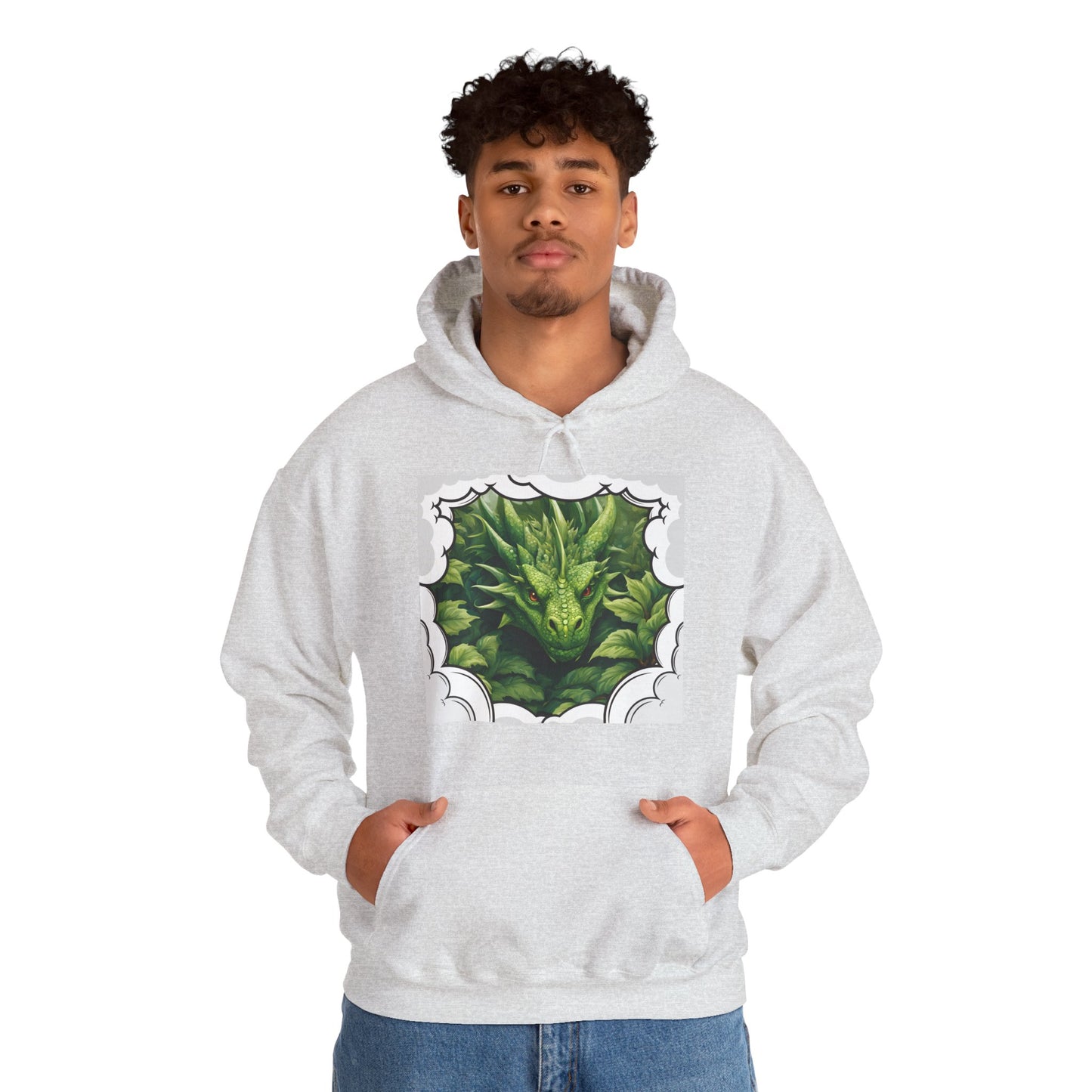 "Green Fantasy Dragon" Unisex Pullover Hoodie.  Our Intriguing 'Anime Style' Dragon Hides Between Lush, Green Leaves-Waiting...
