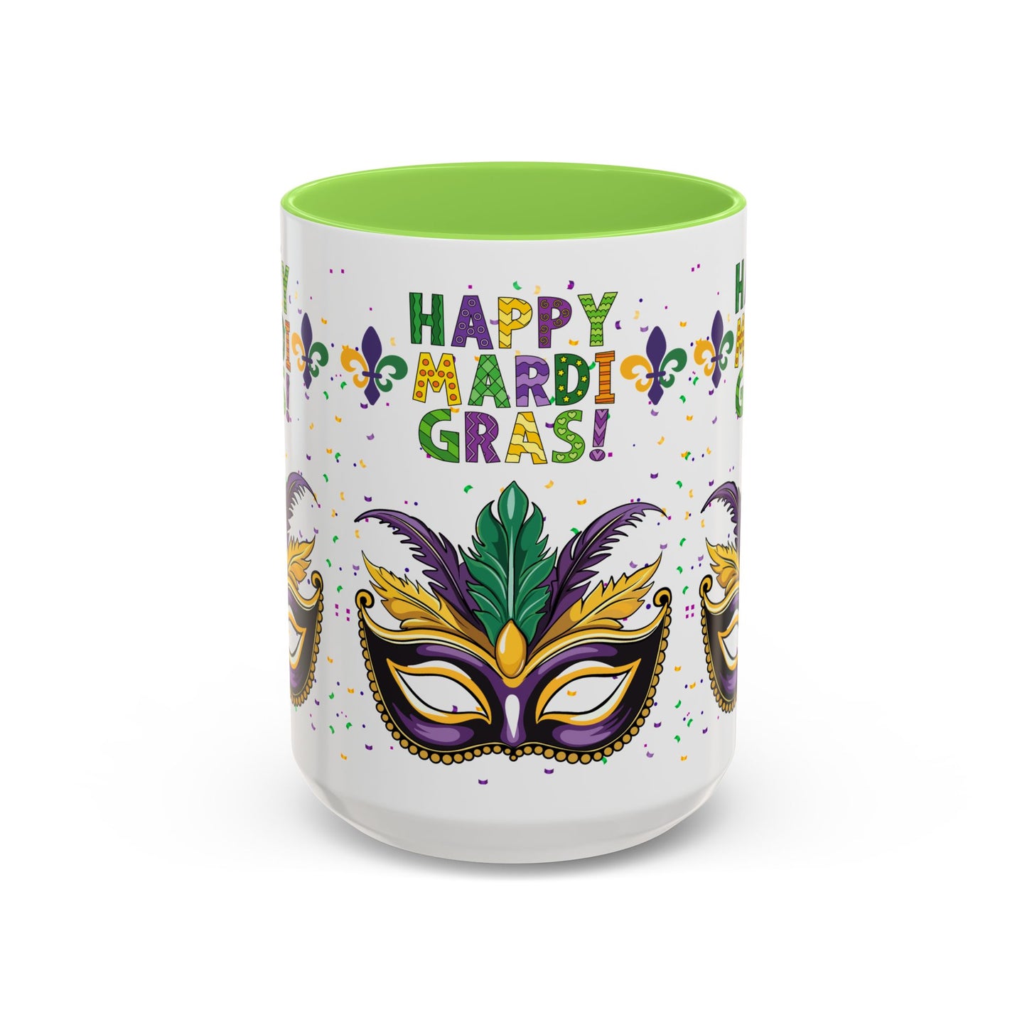 "Happy Mardi Gras" Mugs — Colorful 11oz/15oz Carnival Mask-Fleur De Lis Design White Ceramic Mugs