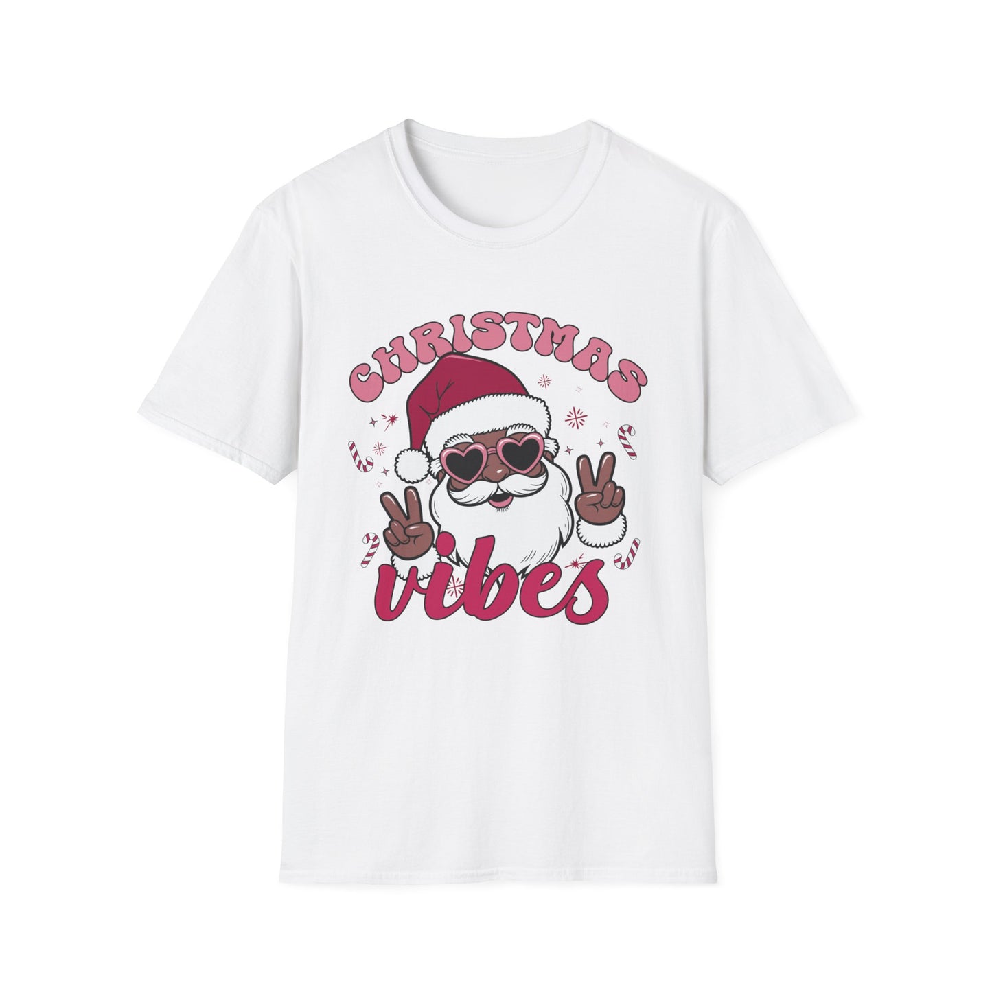 "Christmas Vibes" Unisex T-Shirt — Retro Santa Sporting Cool Sunglasses And A Peace Sign. What a Groovy Holiday Tee!