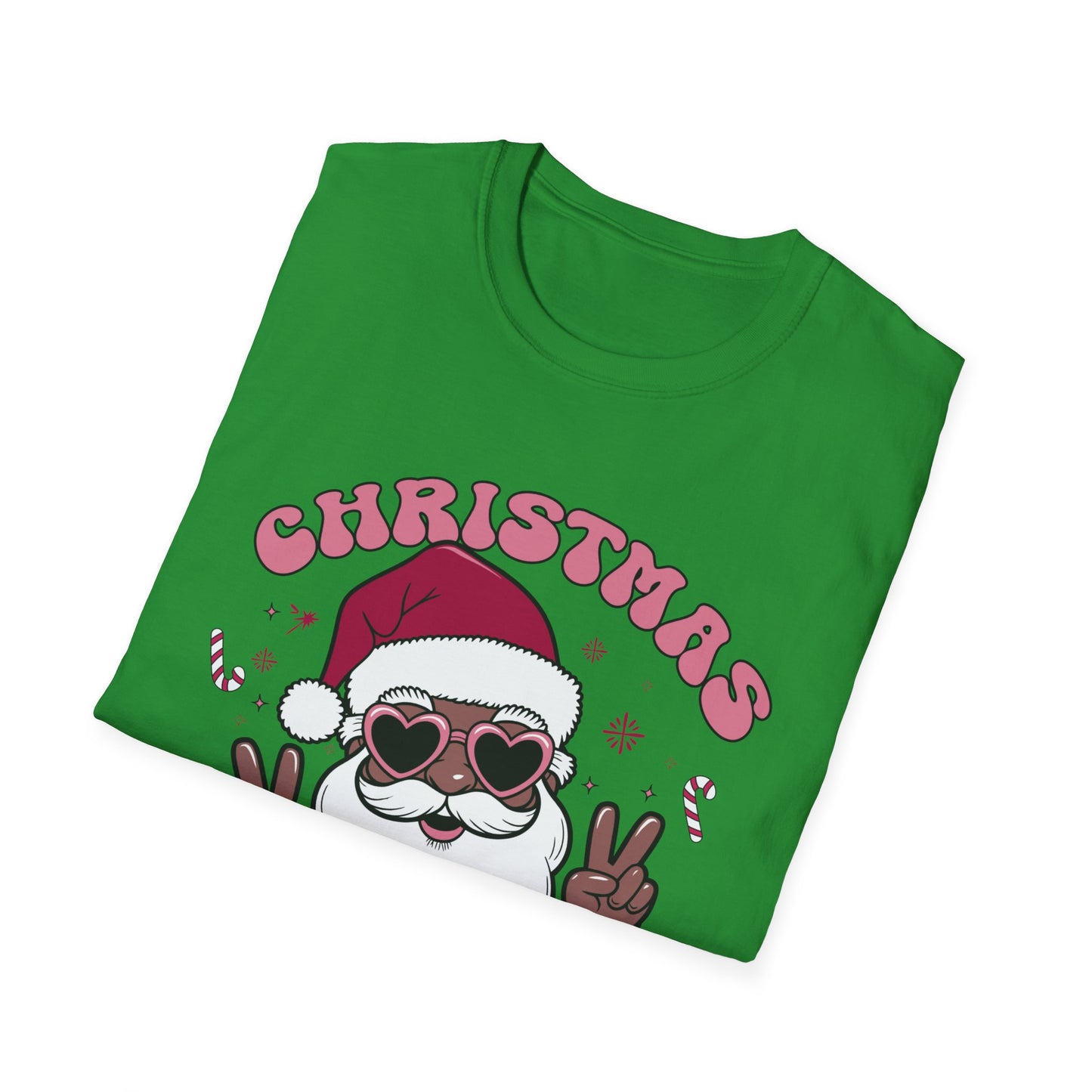 "Christmas Vibes" Unisex T-Shirt — Retro Santa Sporting Cool Sunglasses And A Peace Sign. What a Groovy Holiday Tee!
