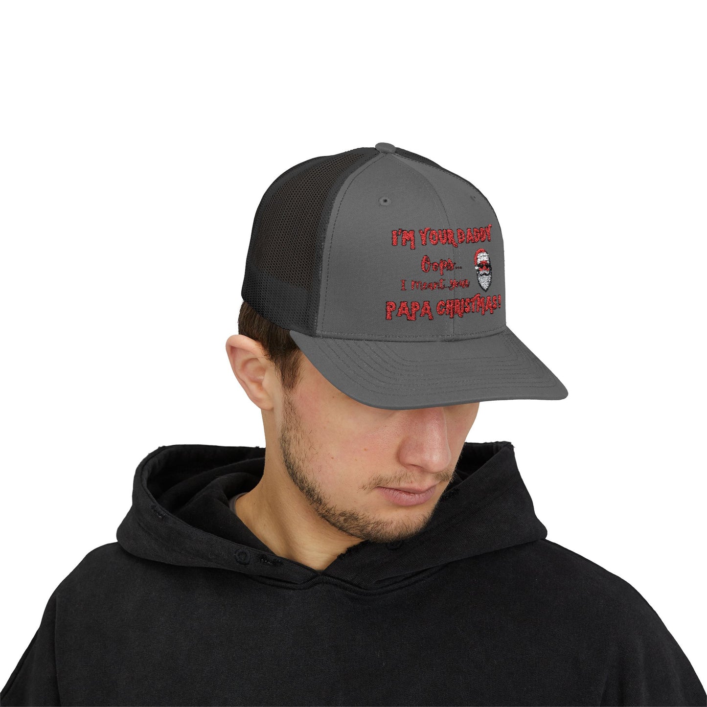 "I’m Your Daddy…Oops I Meant...PAPA CHRISTMAS!"  Embroidered, Holiday, Snap Back Trucker Cap -Brown Santa Design