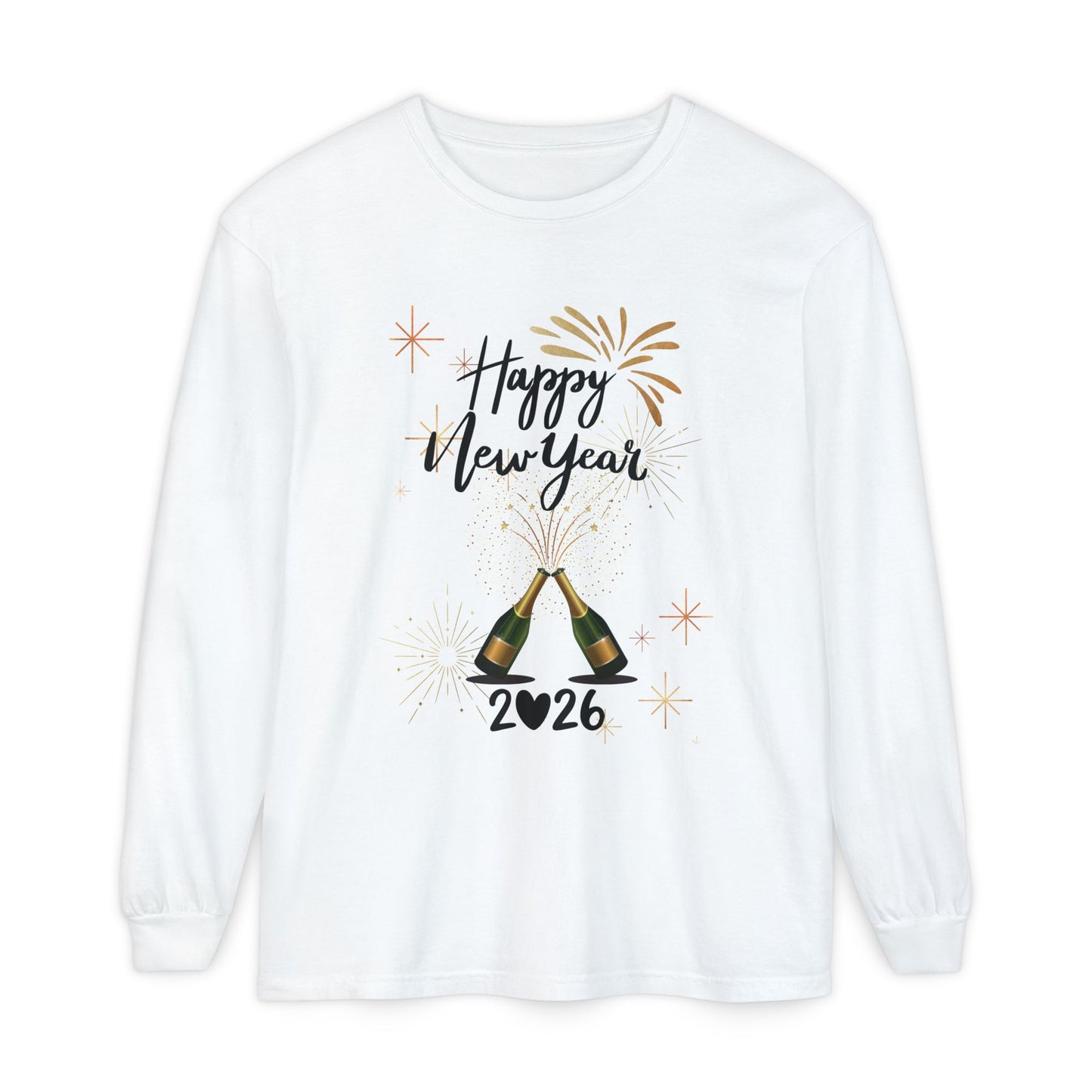 "Happy New Year 2026-Champagne Toast", Unisex Long Sleeve T‑Shirt.  A "Grown Up" Classy Yet Fun, Long Sleeve Tee.  Dress It Up or Dress It Down For Celebrating The New Year!