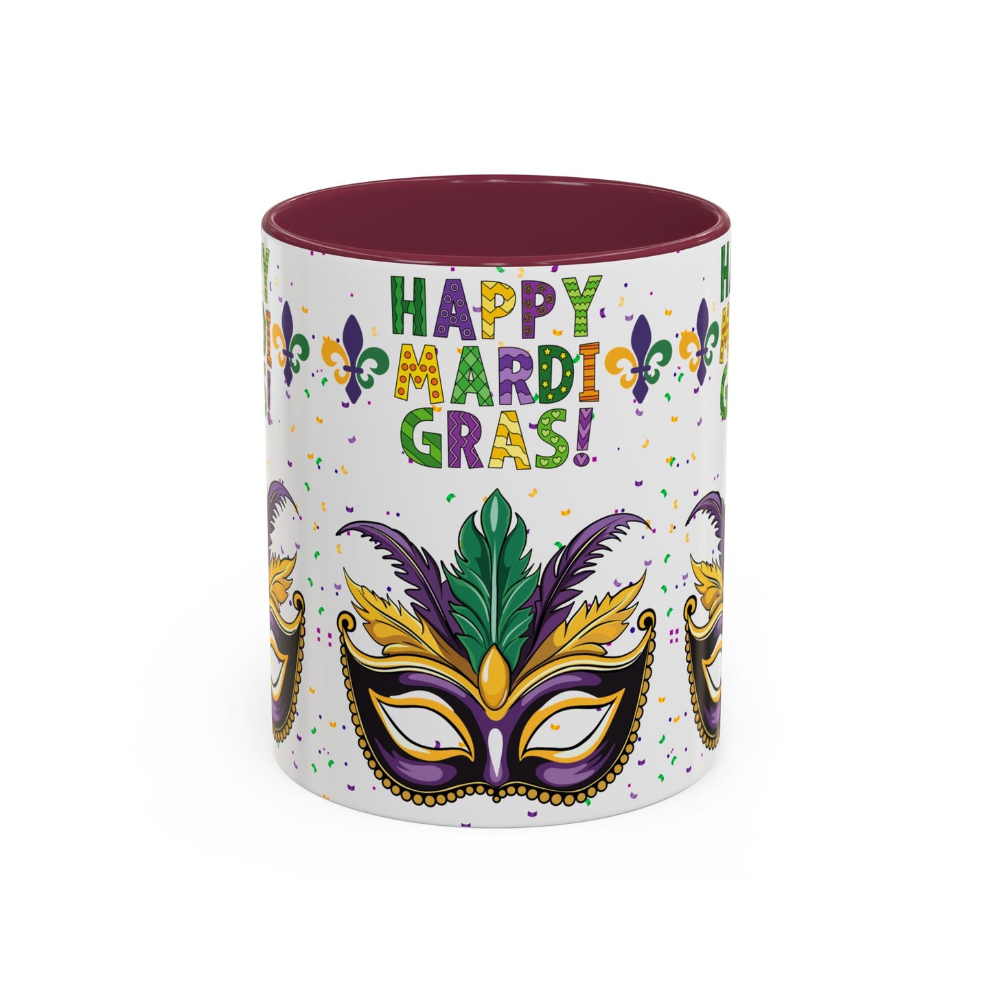 "Happy Mardi Gras" Mugs — Colorful 11oz/15oz Carnival Mask-Fleur De Lis Design White Ceramic Mugs