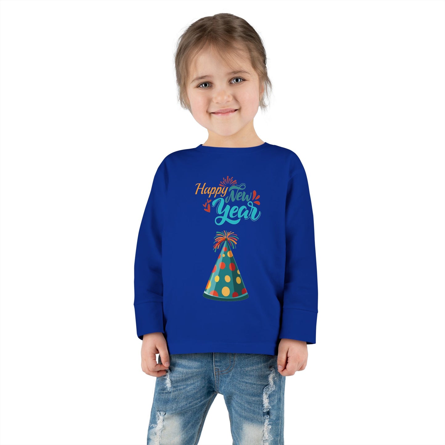 "Happy New Year- Party Hat", Toddler Long Sleeve Tee Shirt.  They Will Not Want To Take This Shirt Off!