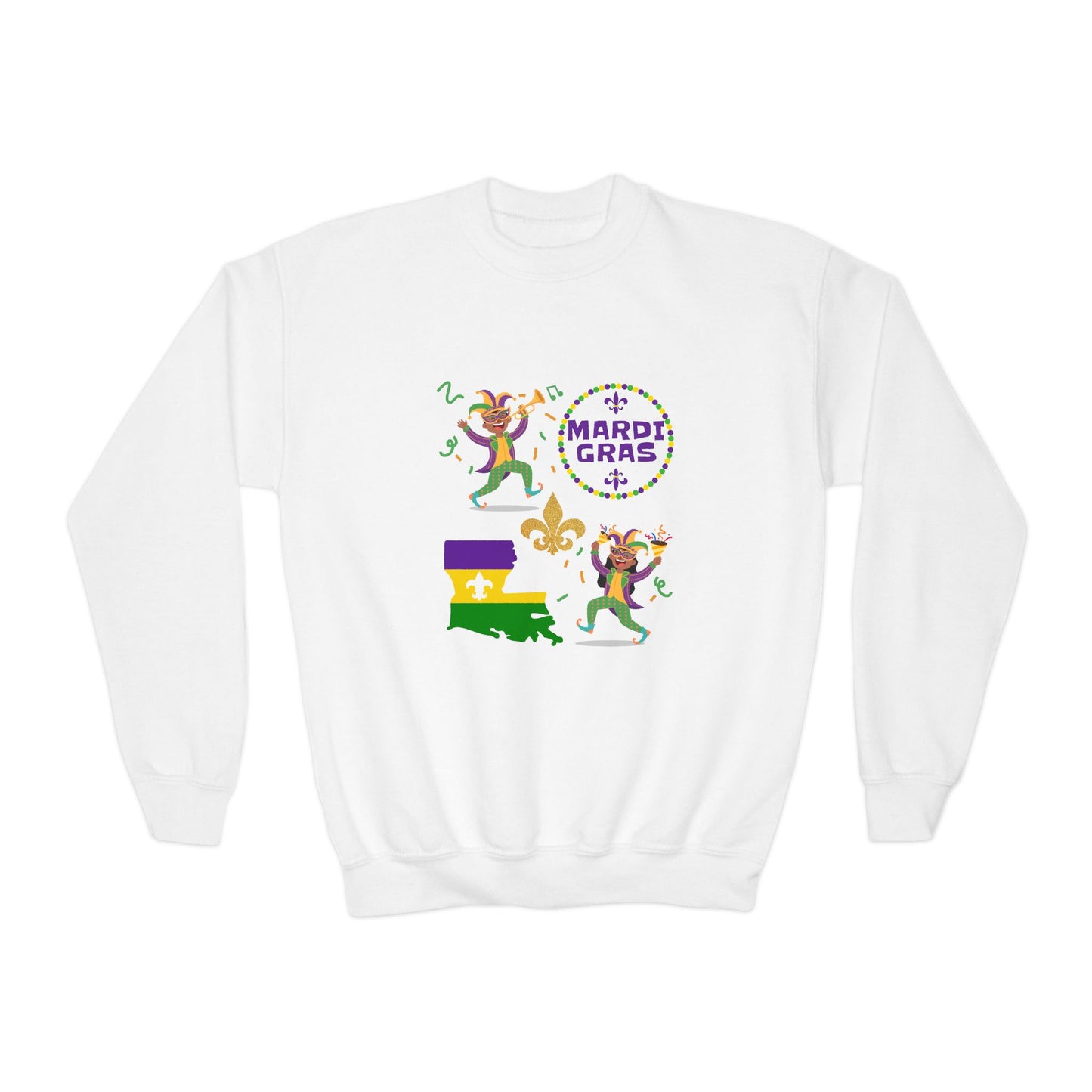 "Mardi Gras Kids" Youth Crewneck Sweatshirt — Colorful Beads, Jester Costumes & The State Of Louisiana all in Classic Mardi Gras Colors - Ready For The Parades!