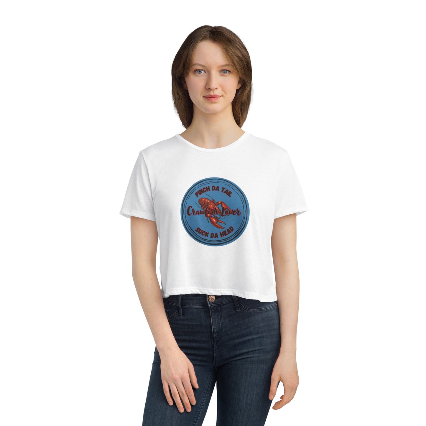 "Crawfish Lover"  Womens' Flowy Cropped Tee — "Pinch Da Tail, Suck Da Head" Seafood Festival Shirt