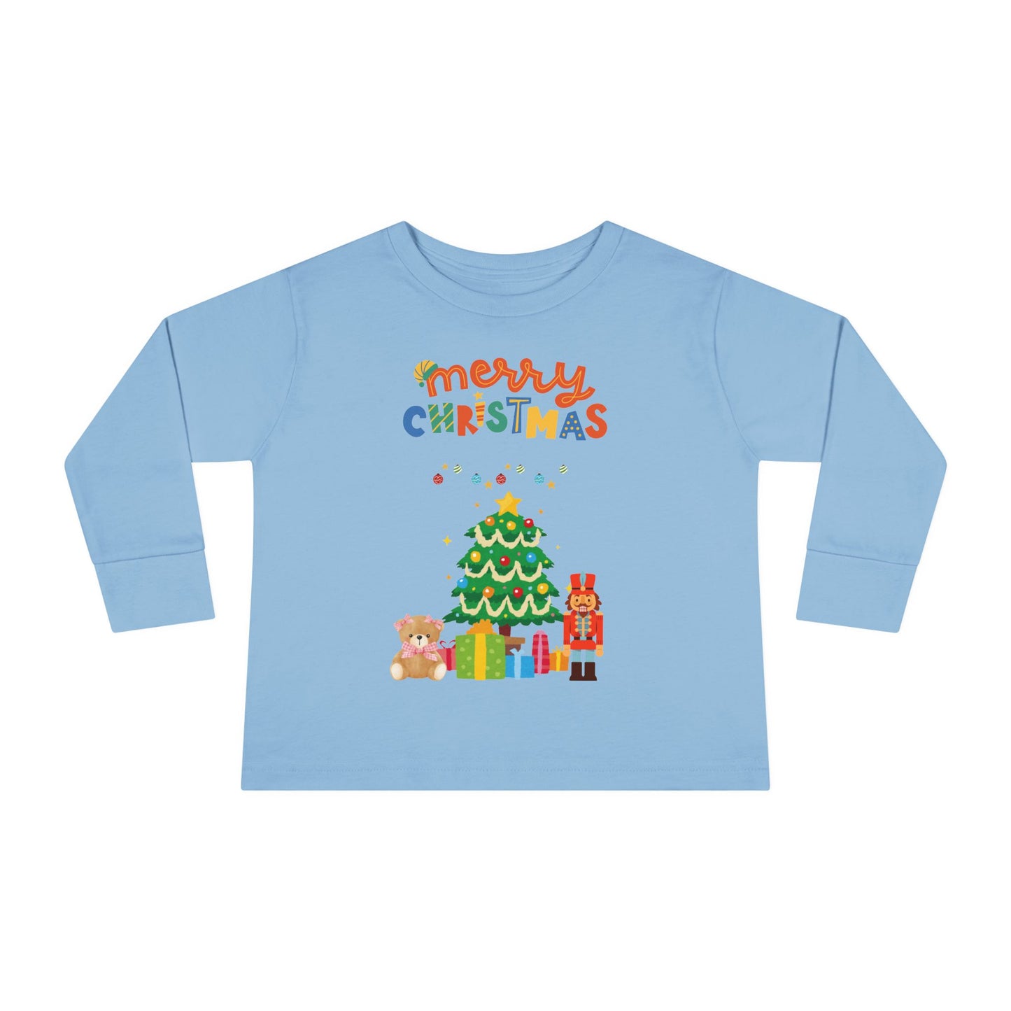 "Merry Christmas" Toddler Long Sleeve Tee – Cute Tree, Gifts & Nutcracker Holiday Shirt