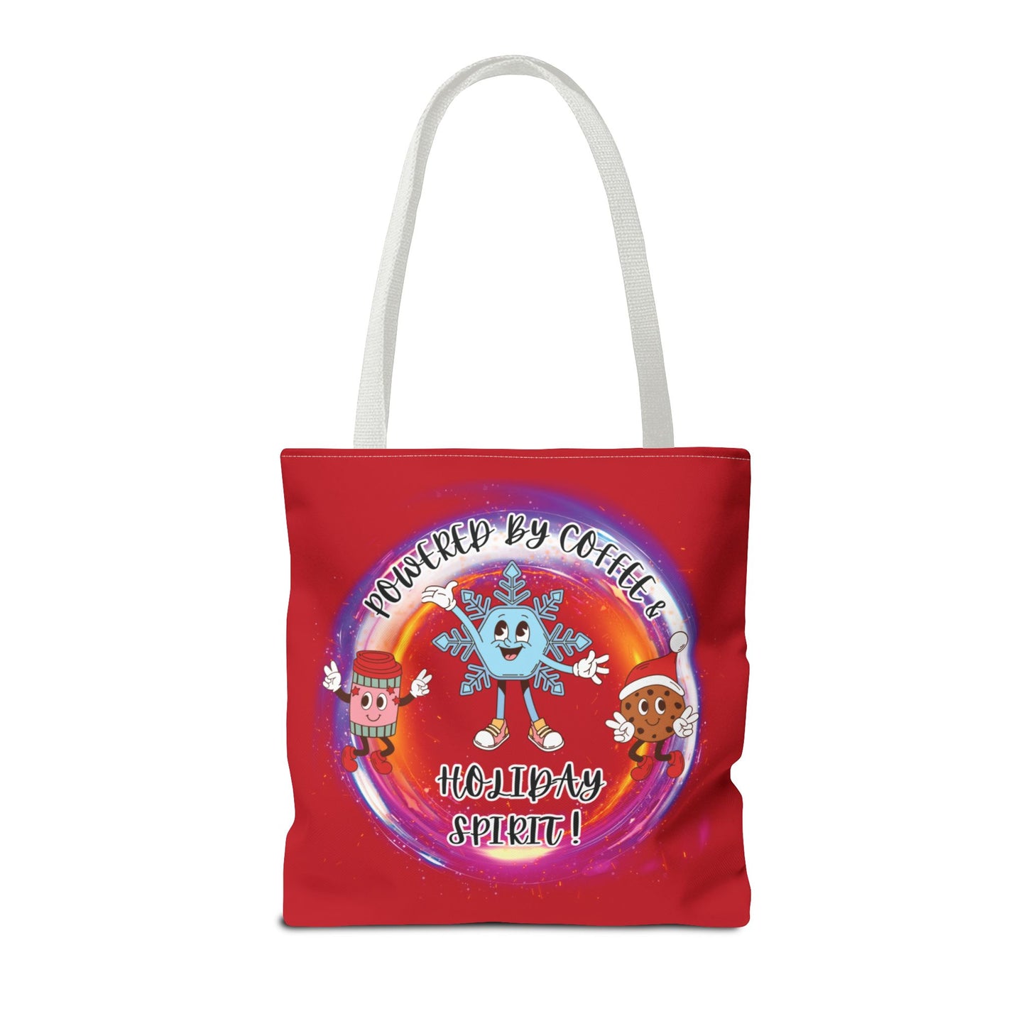 "Powered By Coffee And Holiday Spirit "  Red Tote Bag  with Colored Straps