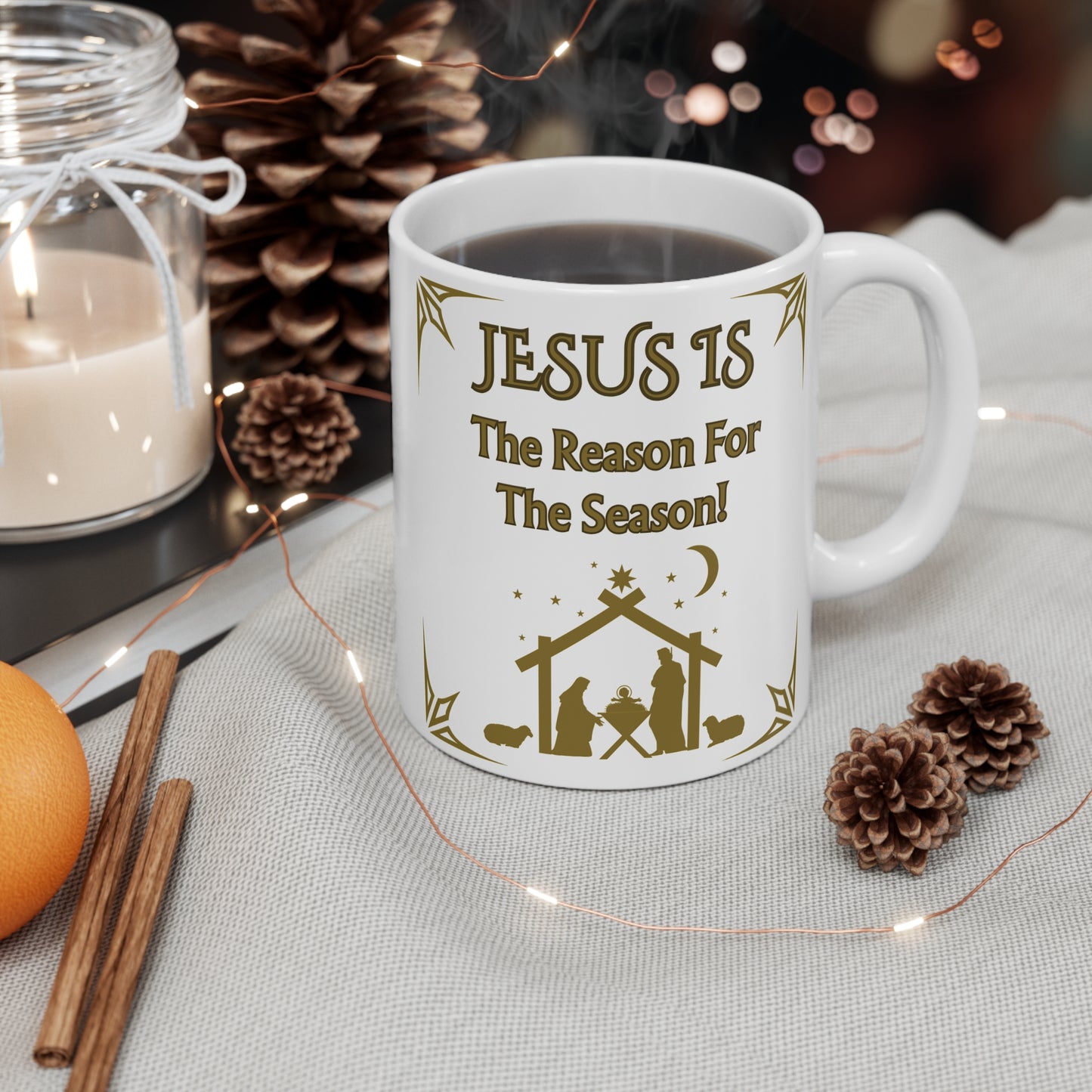 Christian Christmas, White Ceramic 11oz Mug - "Jesus is the Reason for the Season!"  A Great Gift For The Holiday Season.