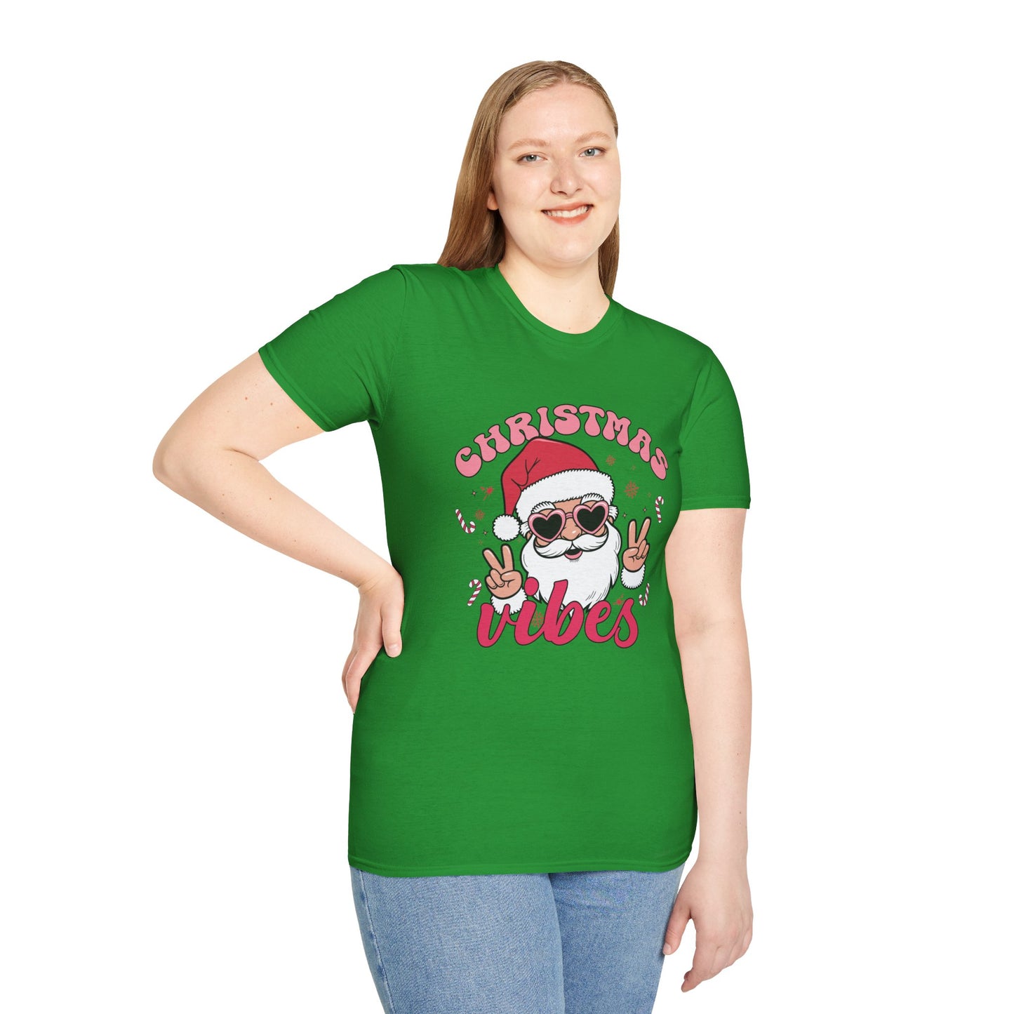 "Christmas Vibes"  Smiling Santa Holiday Unisex T-Shirt.  Cool(Tan)Santa Wearing His Shades And Sharing A "Peace Sign".