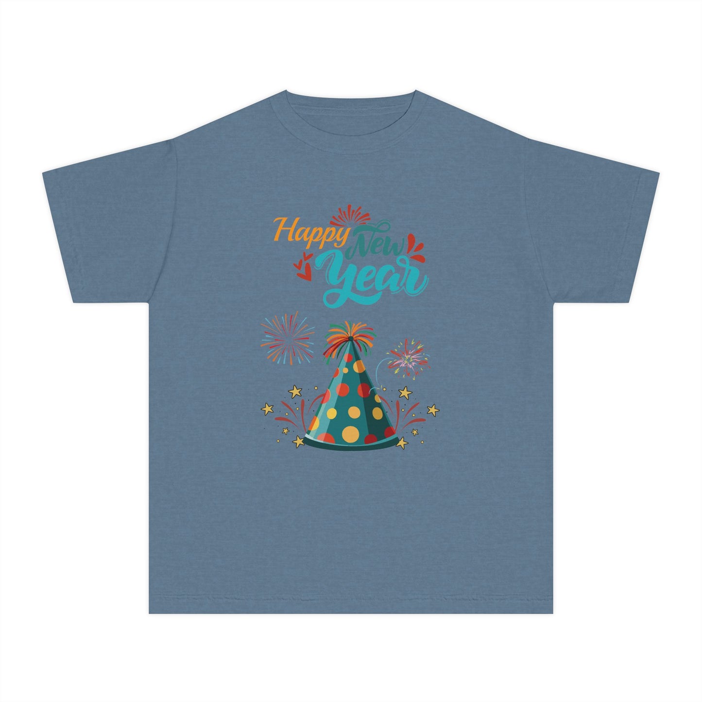 "Happy New Year -Party Hat and Fireworks" Kids/Youth T-Shirt .  A Fun, Colorful Tee For The Kids To Wear When Celebrating The New Year!
