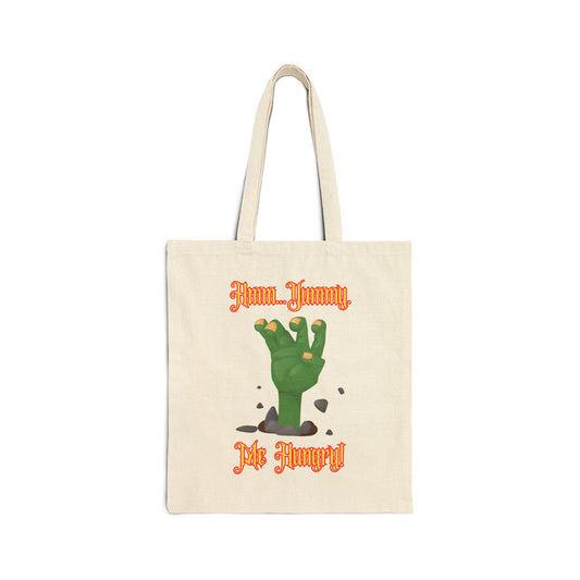"Hm...Yummy-Me Hungry!"(yellow text),  Zombie Themed Cotton Canvas Tote Bag for Halloween, Cute Trick or Treat Bag, Spooky Gift, Eco-Friendly Shopping Tote, Funny Grocery Bag