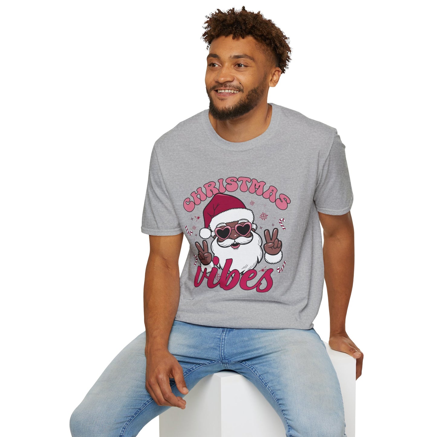 "Christmas Vibes" Unisex T-Shirt — Retro Santa Sporting Cool Sunglasses And A Peace Sign. What a Groovy Holiday Tee!