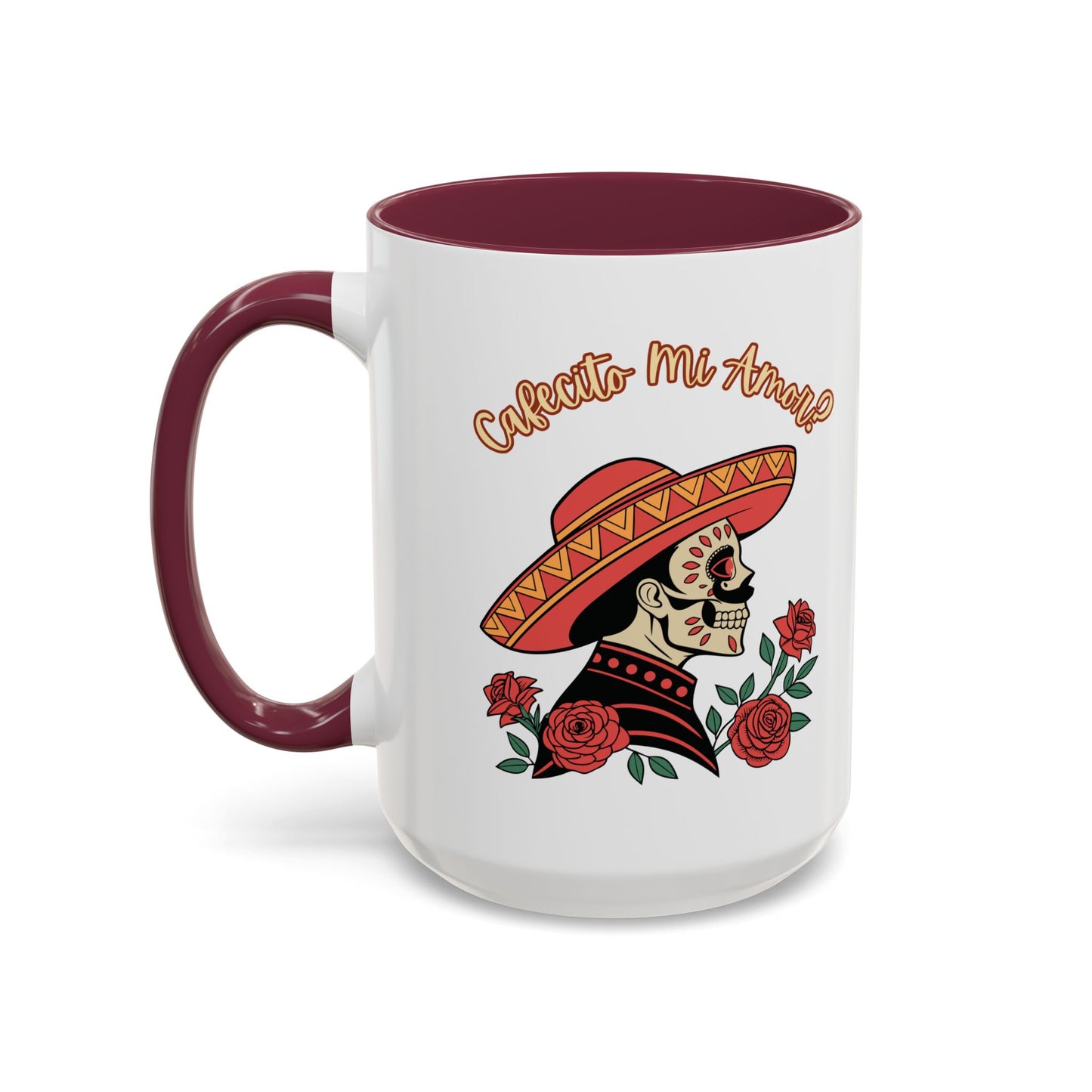 "Cafecito Mi Amor?" -El Hombre, Sugar Skull Style, White Ceramic Mugs with Colorful Accents (11oz/15oz)