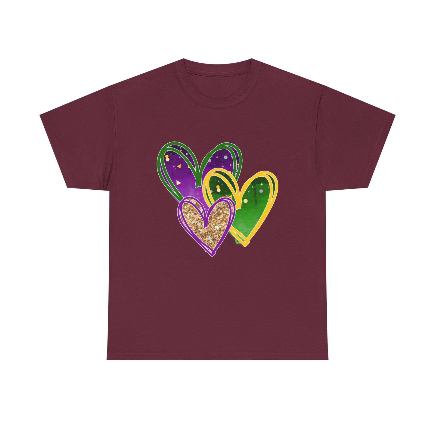 "Mardi Gras Hearts"  Unisex Adult Cotton Tee — Purple, Gold & Green Carnival Shirt.  It's Time To Party!