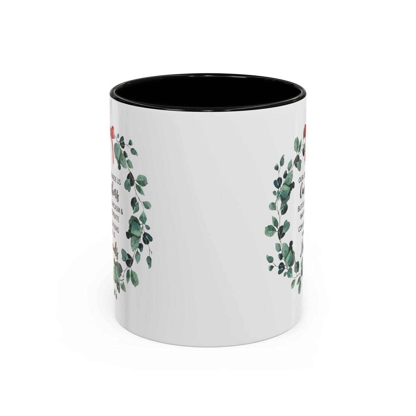 White Ceramic with Colorful Accents, Coffee Mug — “Our Jobs Made Us Coworkers…” Holiday Eucalyptus Wreath Design,11oz