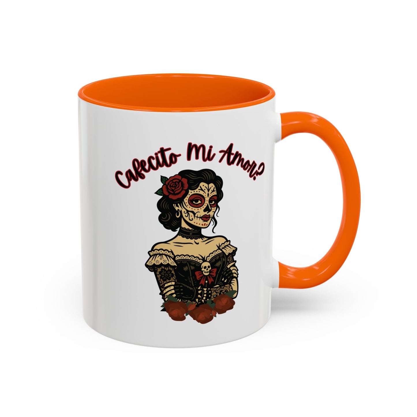 "Cafecito Mi Amor?" Sugar Skull Style , Colorful Accent, 11oz and 15oz Coffee Mug.  A great Day of the Dead  or Halloween Gift!