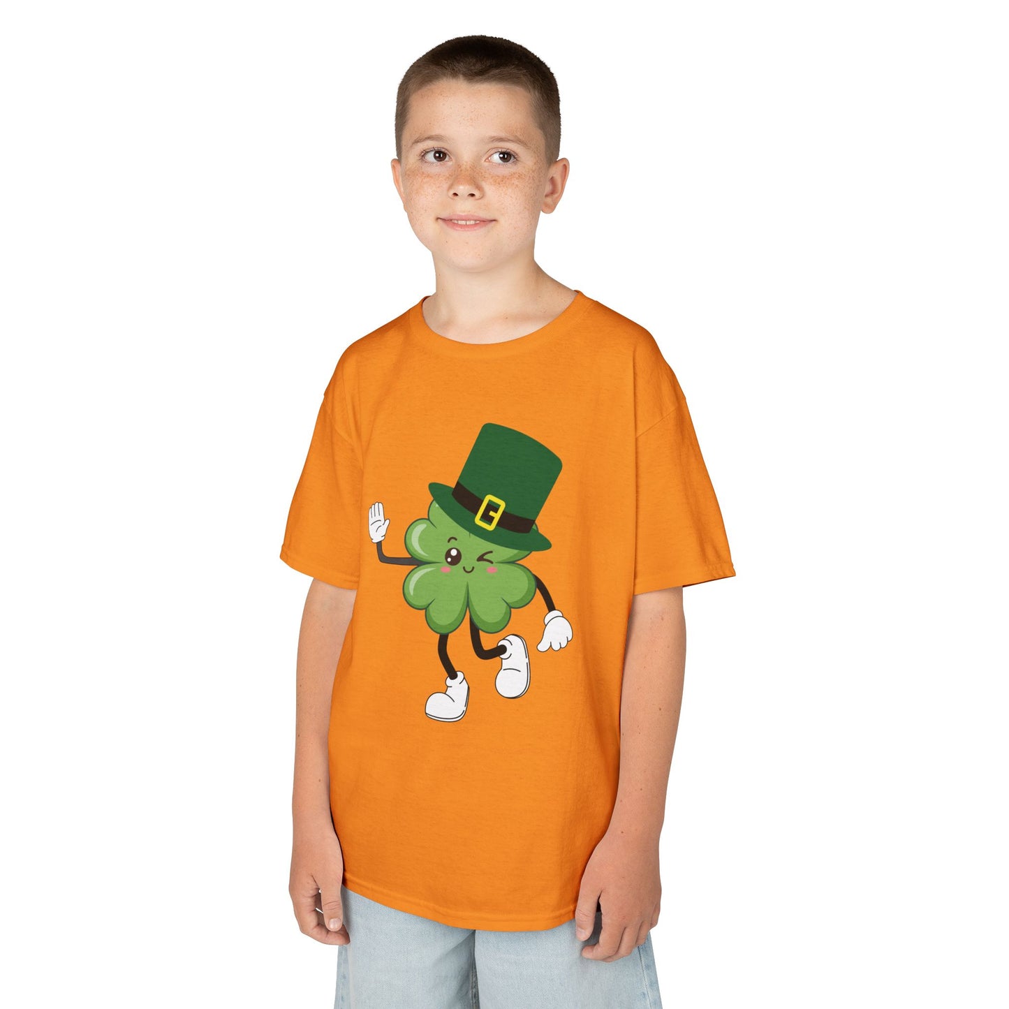 "Dancing Shamrock with Leprechaun Hat".  Kids Heavy Cotton T-Shirt. Patrick’s Day Tee