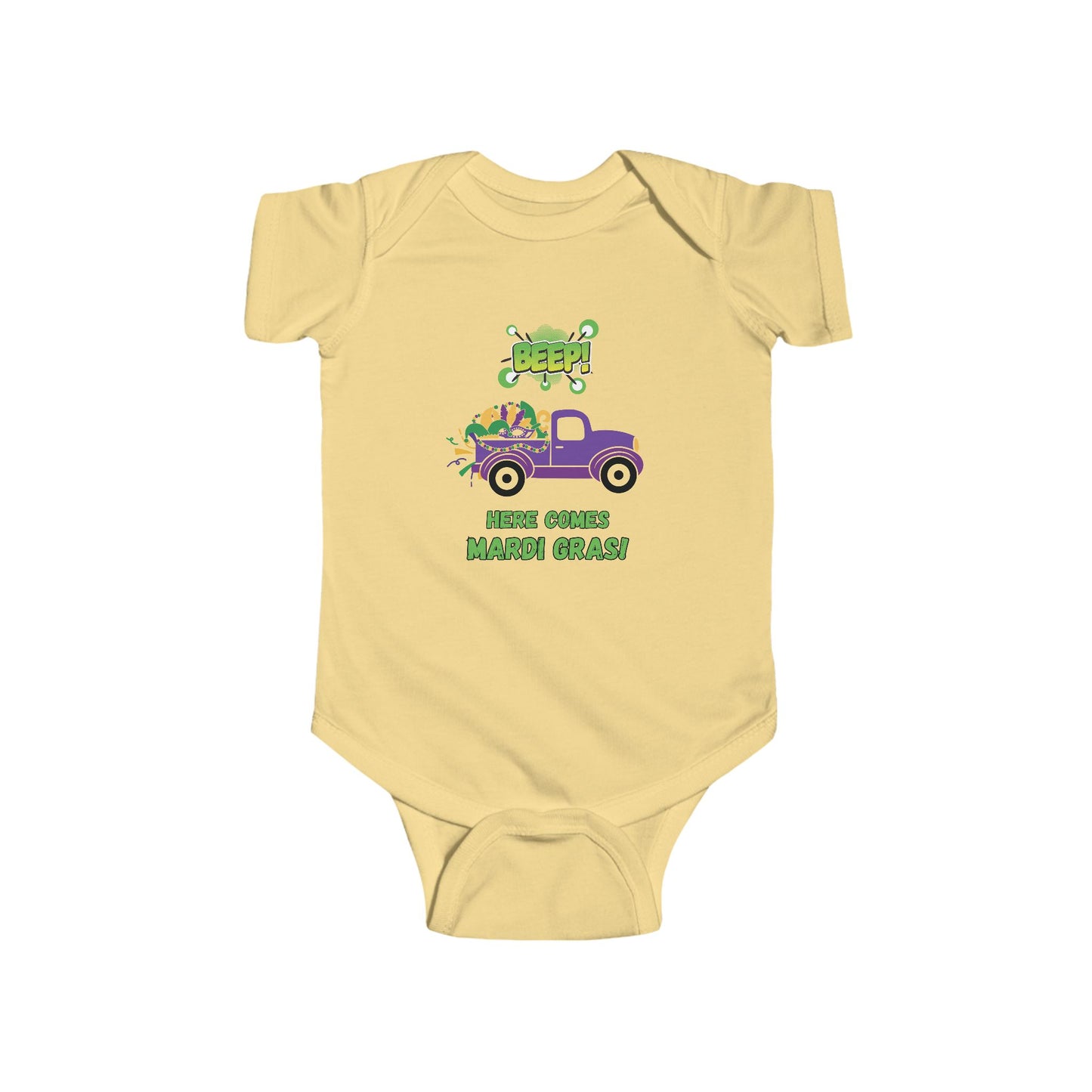 Mardi Gras Infant Bodysuit — "BEEP! Here Comes Mardi Gras" Purple Truck Baby Onesie
