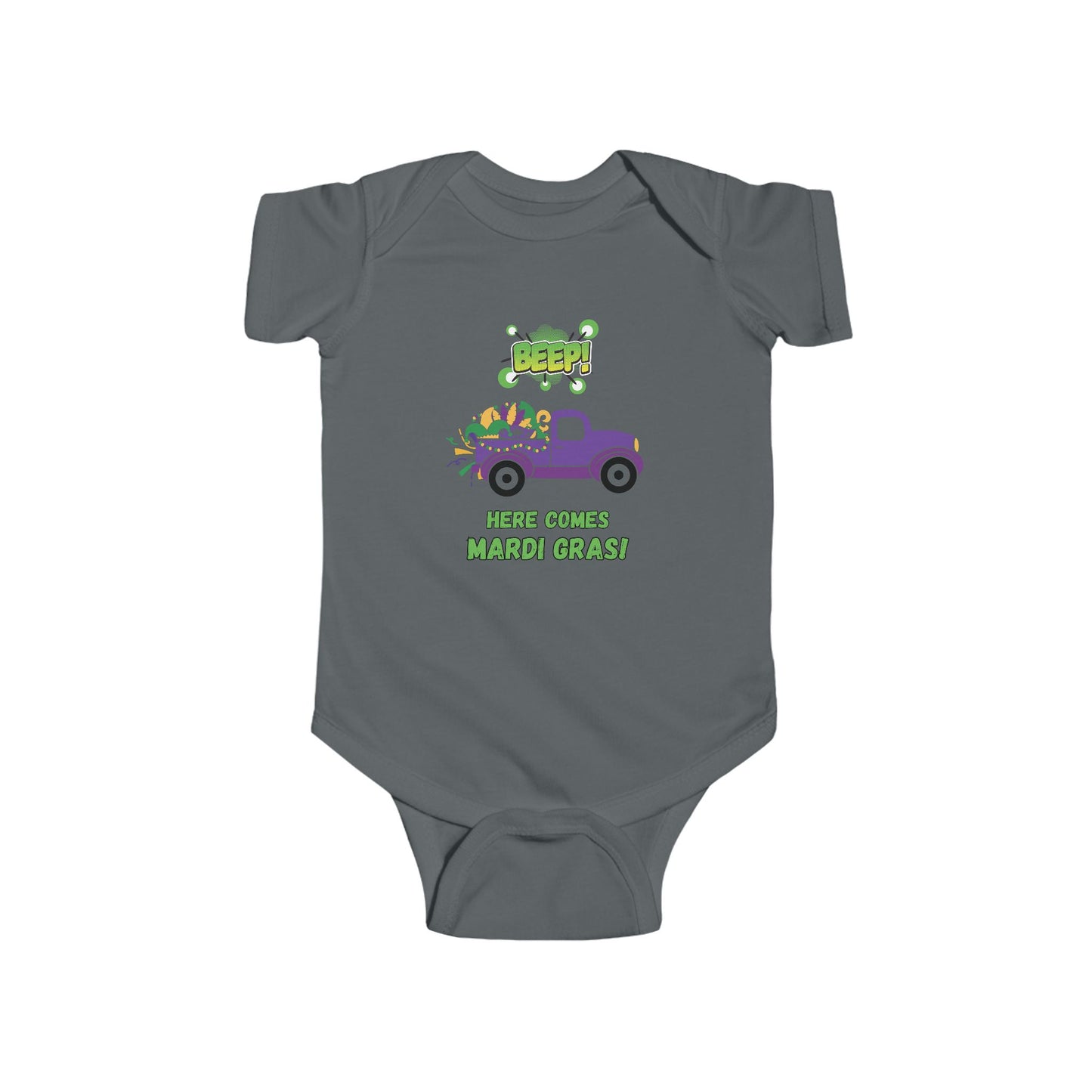 Mardi Gras Infant Bodysuit — "BEEP! Here Comes Mardi Gras" Purple Truck Baby Onesie