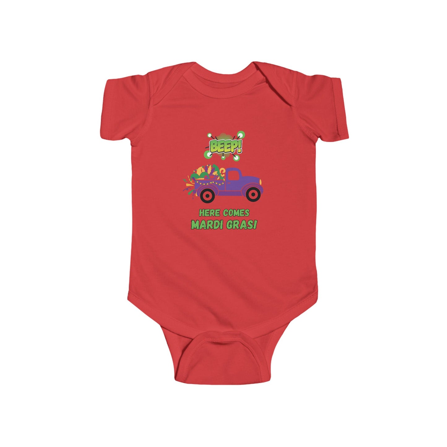 Mardi Gras Infant Bodysuit — "BEEP! Here Comes Mardi Gras" Purple Truck Baby Onesie