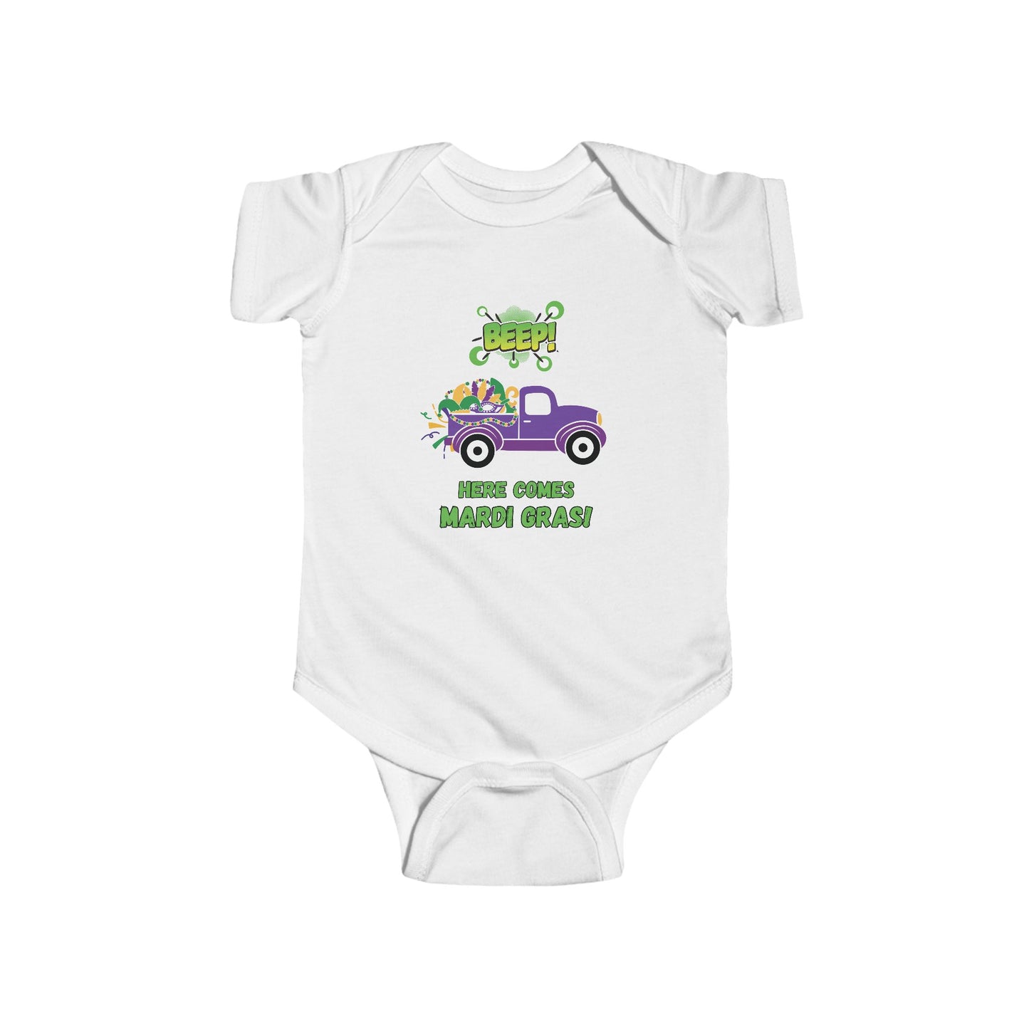 Mardi Gras Infant Bodysuit — "BEEP! Here Comes Mardi Gras" Purple Truck Baby Onesie