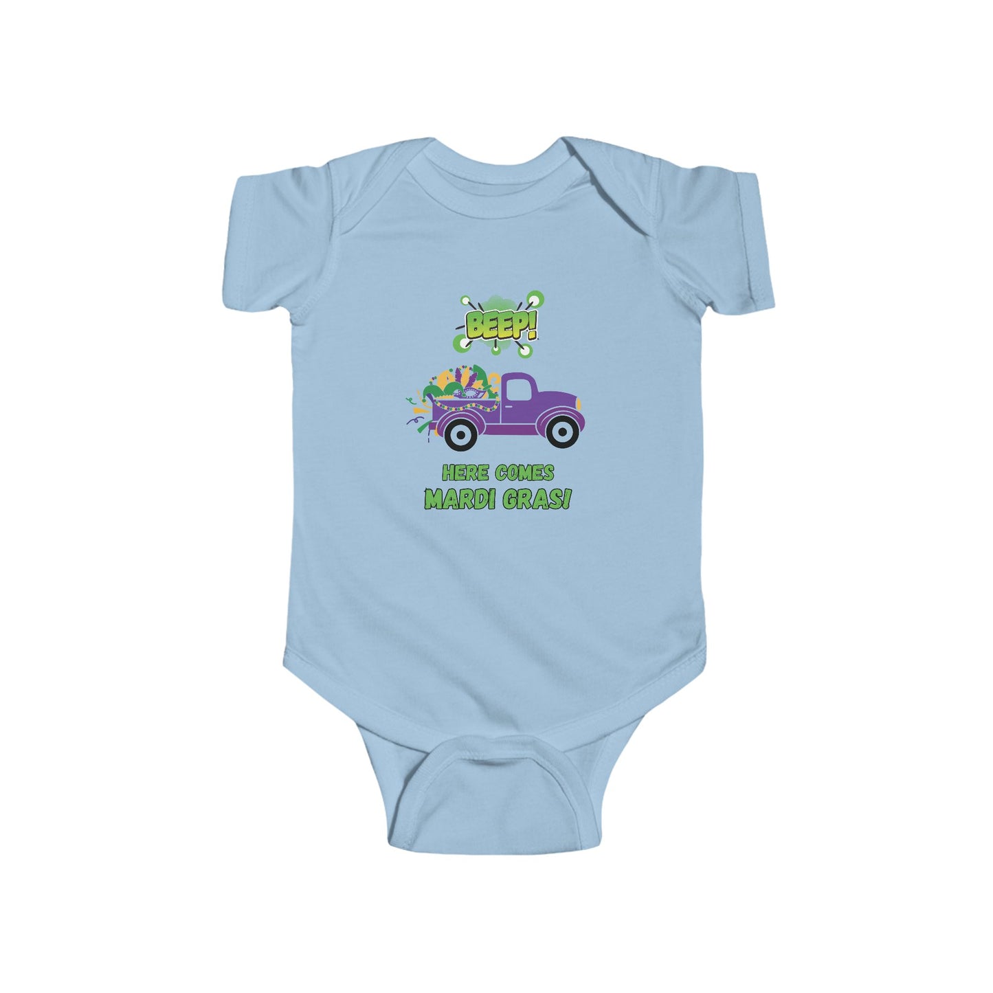 Mardi Gras Infant Bodysuit — "BEEP! Here Comes Mardi Gras" Purple Truck Baby Onesie
